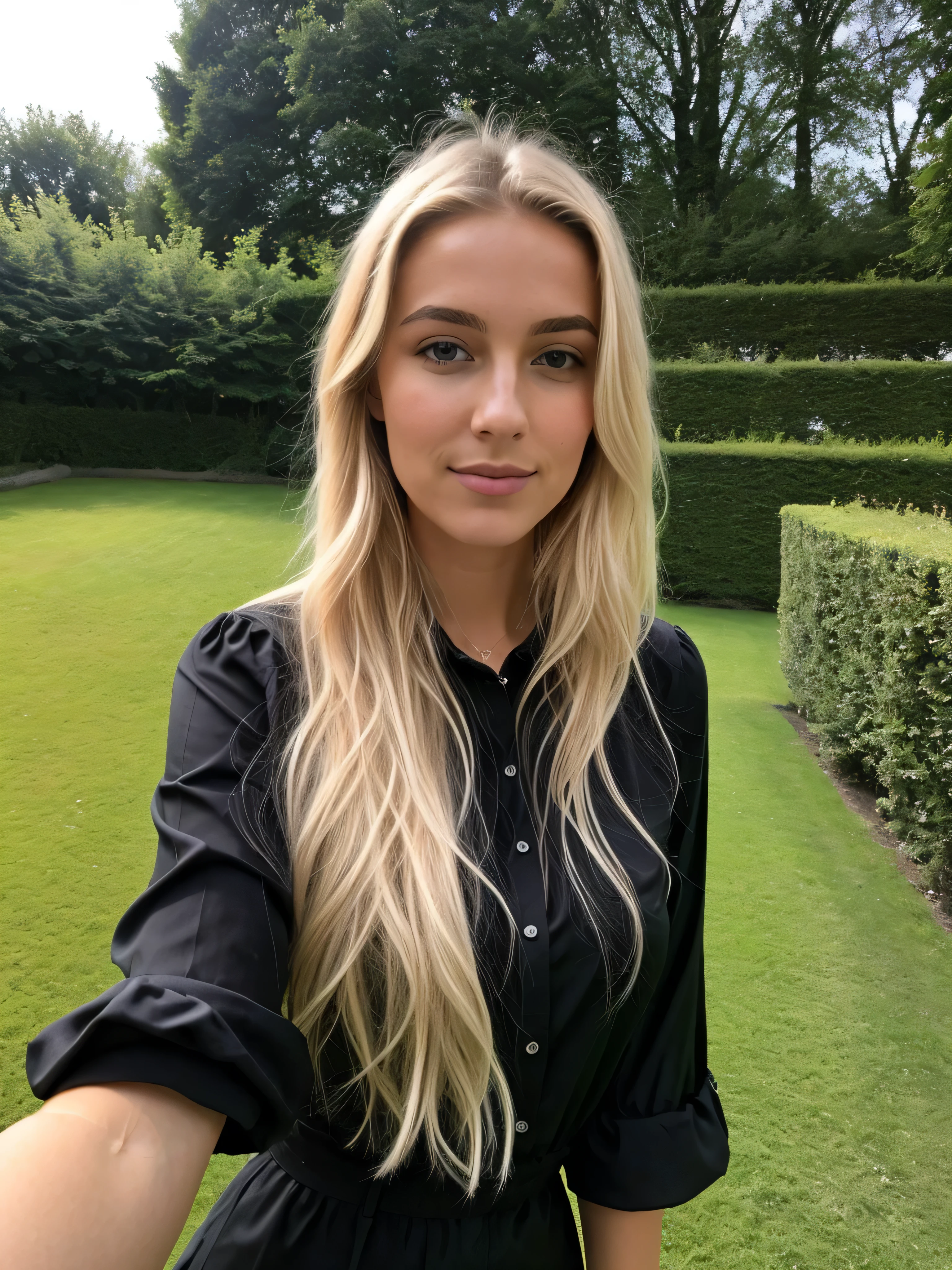 une femme blonde de 23 ans, ((hyperréalisme)), Cheveux blonds avec des racines châtain clair., cheveux blond, Cheveux avec des racines brunes, cheveux extra longs, cheveux très longs, cheveux très longs, beau, vue de face, selfie, prix photo avec iPhone, chemise noire élégante avec escote, Coupe-bas, selfie dans le jardin, haute qualité, selfie iPhone, clivage