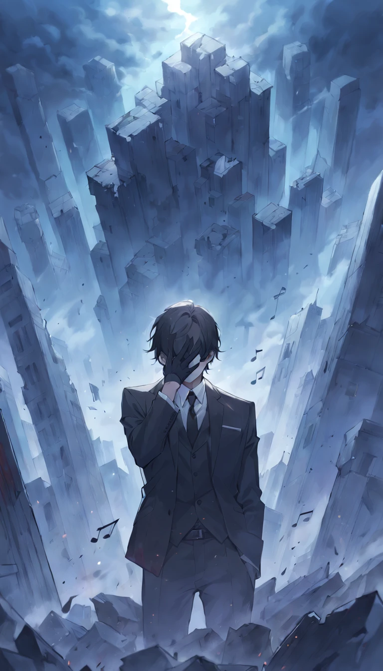((1boy)),black hair,black business suit,short hair,A black mask that hides your entire face,black gloves,Hairstyle with middle parting,The whole body is shown,black fog is gathering,blood return,Ruined city,covering face with one hand,black musical notes dancing in the sky,precise fingers