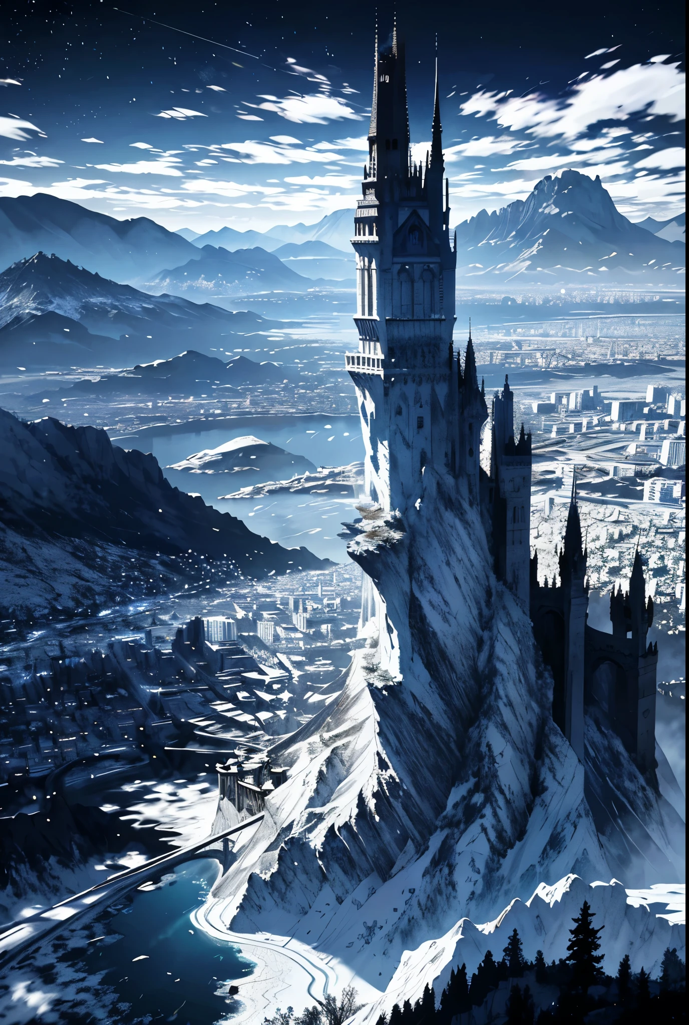(Black and white marble gothic style building),panoramic镜头,masterpiece, concept art, panoramic,Close-up of the vista,Royal palace castle on the mountain,Western fantasy style,Normandy Civilization Style,(The combination of magic and technology,Black and white marble style building), fantasy theme,flying dragon,The top of the gray mountain,City,Sky,The place where three rivers meet,Sky中的flying dragon,Volumetric lighting, global illumination, HD