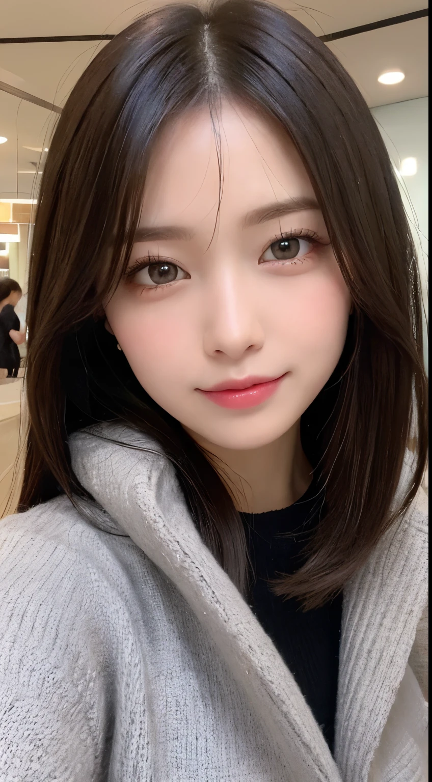 table top, highest quality, shape, Super detailed, finely, High resolution, 8k wallpaper, 完璧なダイナミックな構shape, beautiful and detailed eyes, Tokyo trend knit dress, small breasts, natural color lip,cute smile,20 year old girl、beautiful and detailed face、perfect and beautiful face,Big eyes、Wear fluffy black outerwear with fur、beautiful detailed face、perfect and beautiful double eyelids、blur the background、perfect and beautiful face、Feminine poses、blur the background、slim face and style、Blur background、messy hair、straight hair、Tokyo Station、She is wearing a high-quality gray mink coat.、beautiful and detailed eyes、Beautiful and detailed double