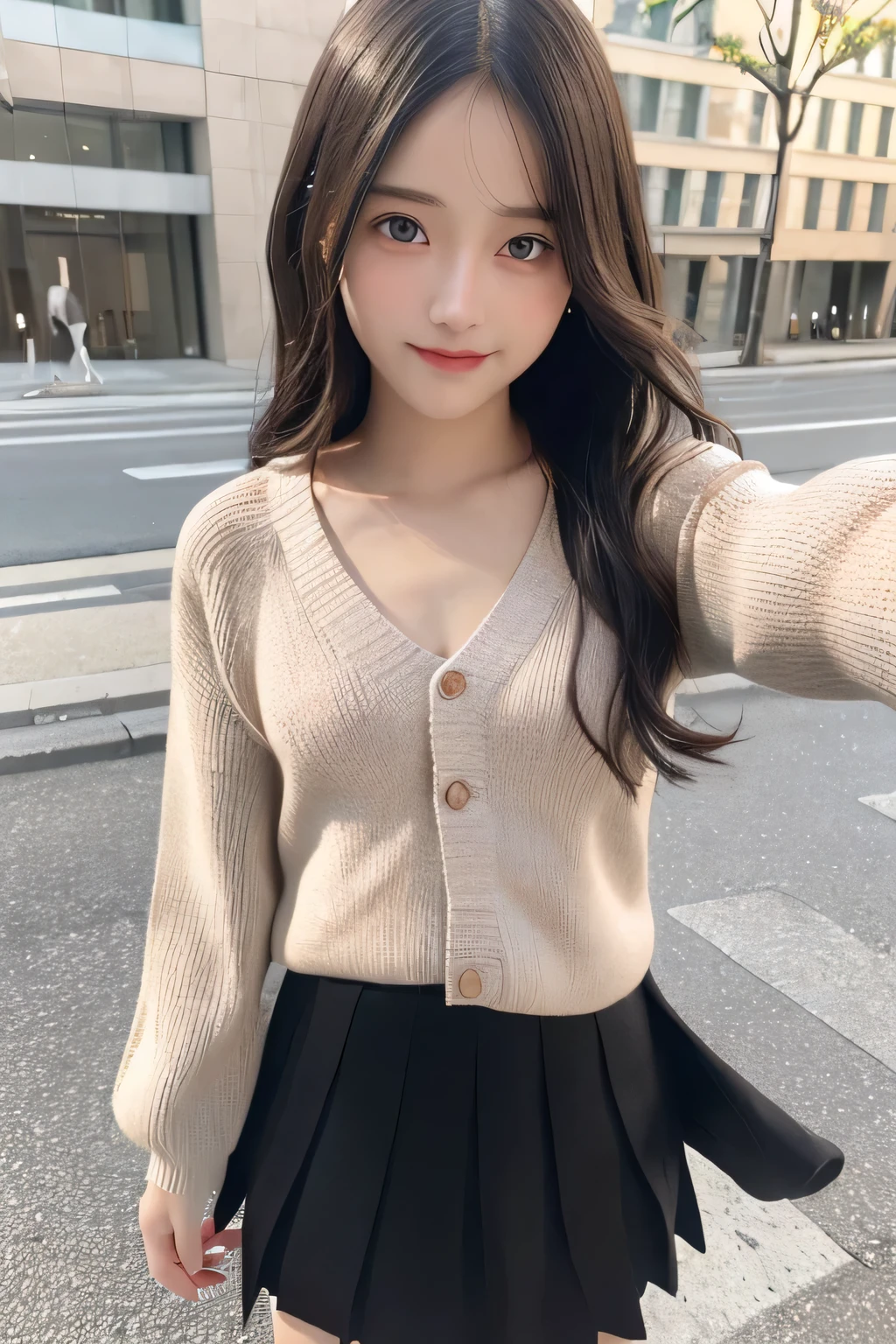 pieces fly、masterpiece、highest quality、Super detailed、High resolution、High resolution、8K portrait、unity 8k wallpaper、Detailed CG、unity 8k wallpaper、Detailed CGユニティ8kの壁紙、realistic、real person、portrait photography、shiny skin、(16 years old)、(cute:1.2)、High resolution、beautiful clear eyes、very detailed explanation、delicate face、nice lips、thin waist、thin legs、1 girl、(black fitted knit sweater:1.2)、(pleated skirt:1.2)、(flat chest:1.4)、((Self snap:1.4))、(smile:1.2)、(Walking trail:1.2)、(wavy hair:1.2)