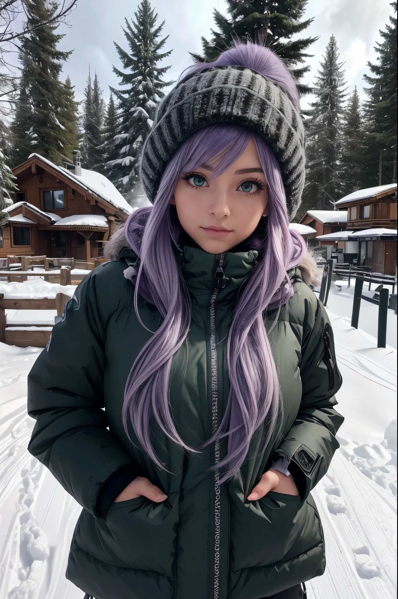 one girl, long light purple lilac hair, realistic detailed green eyes, wearing puffy black and gray ski jacket and black form fitting snow pants++, clear blue skies, at a ski resort in the mountains, fresh snow on the ground, snowy evergreen trees, fuzzy black ear warmers, high cheekbones, adult American woman