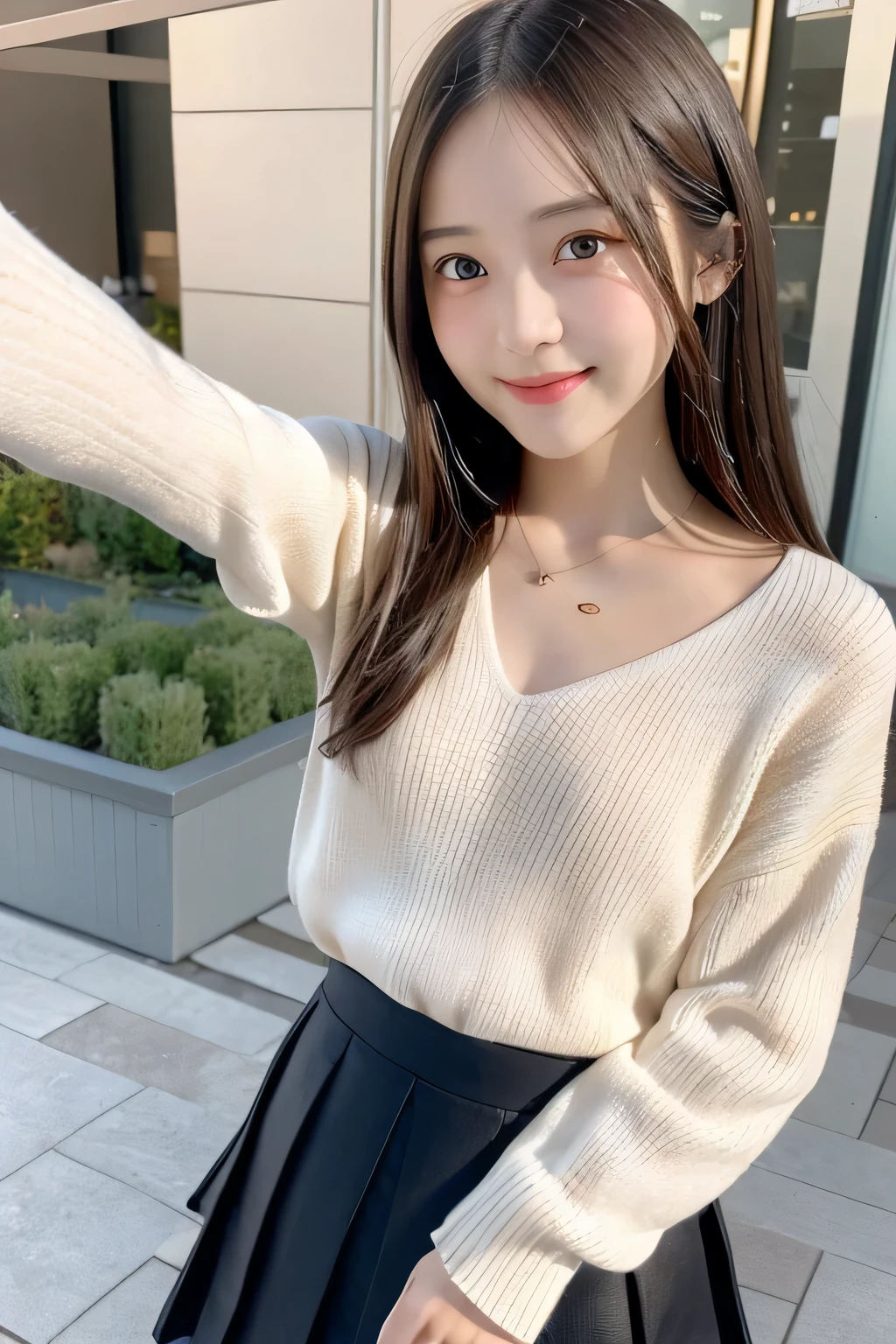 pieces fly、masterpiece、highest quality、Super detailed、High resolution、High resolution、8K portrait、unity 8k wallpaper、Detailed CG、unity 8k wallpaper、Detailed CGユニティ8kの壁紙、realistic、real person、portrait photography、shiny skin、()、(cute:1.2)、High resolution、beautiful clear eyes、very detailed explanation、delicate face、nice lips、thin waist、thin legs、1 girl、(knit sweater:1.2)、(pleated skirt:1.2)、(flat chest:1.4)、((Self snap:1.4))、(smile:1.2)、(garden:1.2)