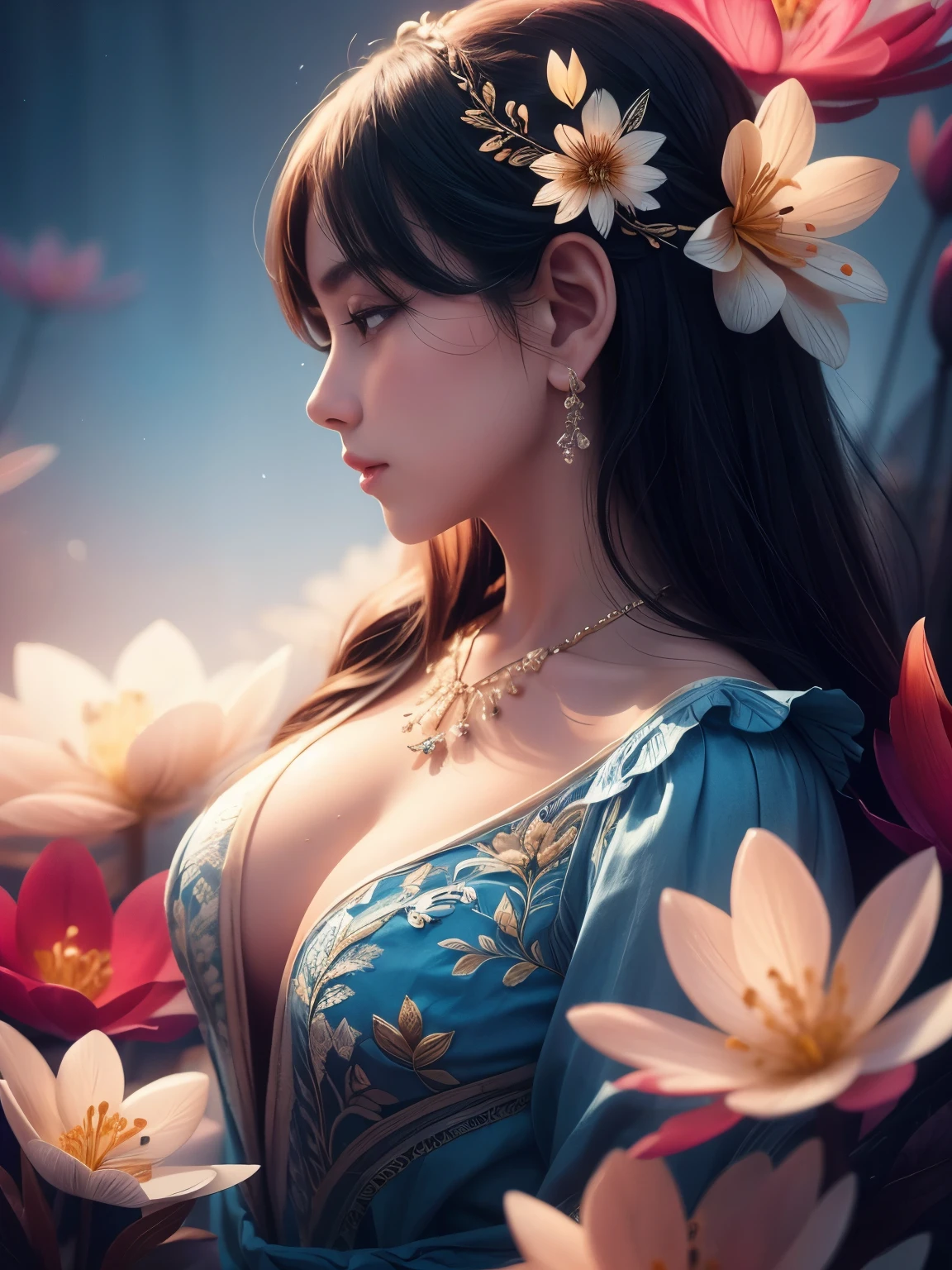 a stunning art, abstract, flowery, predominantly blue, white, upper body, centered, key visual, intricate, highly detailed, breathtaking beauty, precise line art, vibrant, comprehensive, cinematic,