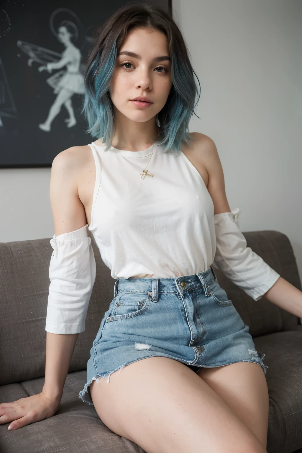 beautiful woman with turquoise hair, light freckles, on a couch, wearing jean skirt, crossed legs, thick thighs, dreamy and romantic compositions