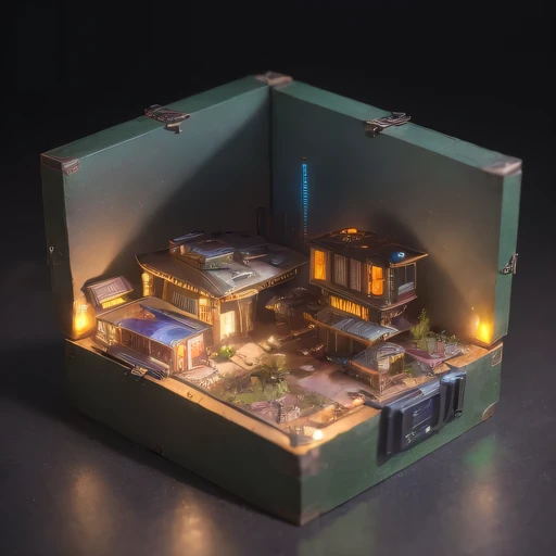 small realistic model, (bifurcation, original photo, best quality, masterpiece:1.4),SteampunkCyberpunk6920 City,(Cyberpunk light:1.3), Mards,horizon (related to land),(in a small nature box:1.3),Isometric, small nature, landscape on foundation,landscape,