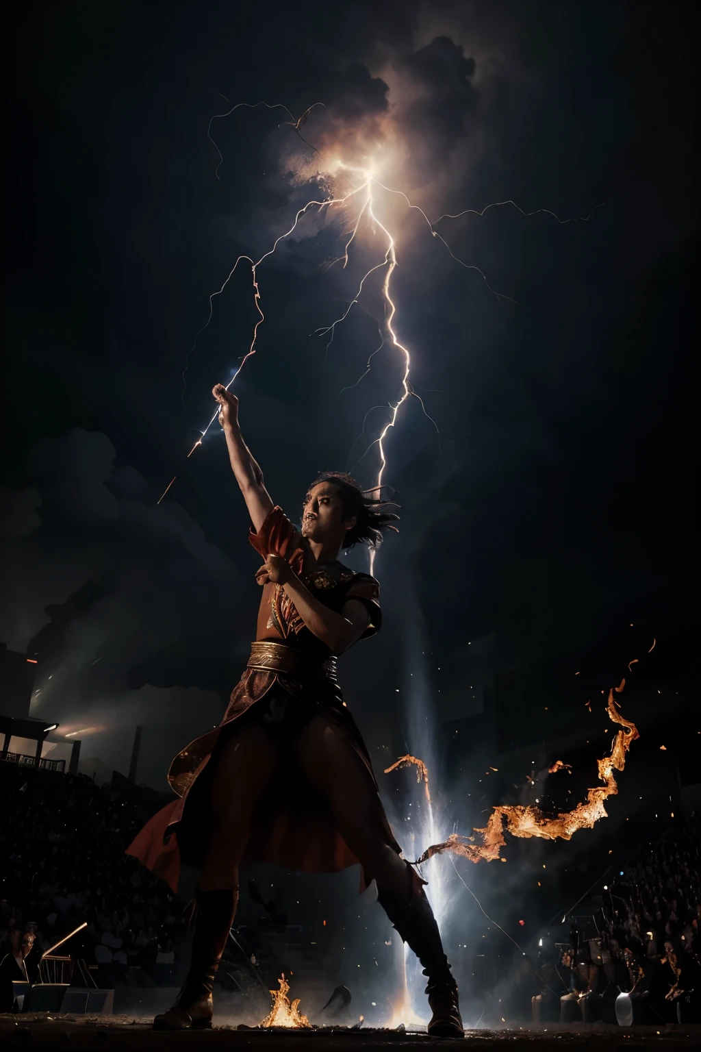 In the heart of the Enchanted Arena, Mo Fan stands as a lone silhouette against a backdrop of darkness, his eyes gleaming with hidden power. The audience watches in hushed anticipation, unaware of the impending spectacle.

Suddenly, a burst of flames erupts from Mo Fan's outstretched hand, casting an intense glow across the arena. The flames dance with ferocity, revealing intricate patterns of fire that twist and turn in a mesmerizing display.

Just as the audience begins to grasp the intensity of Mo Fan's fire mastery, a sudden flash of lightning streaks across the arena. Bolts of electricity crackle and illuminate the space, intertwining with the flames in a harmonious dance of elements.

The onlookers, frozen in shock, gasp at the unprecedented fusion of fire and lightning. Mo Fan's opponent, an imposing figure in the shadows, stands agape, disbelief etched across their face. The air hums with the raw power of the dual elements converging in a symphony of magic.

Capture the expressions of astonishment on the faces of the audience, their eyes wide and mouths slightly agape. Illustrate the opponent's realization that they are facing a mage of extraordinary abilities, their stance faltering in the face of this unexpected display.

Mo Fan remains the epicenter of this elemental storm, his silhouette bathed in the radiant glow of the merged flames and lightning. The clash of elements is both beautiful and terrifying, leaving the arena in awe of the magical prowess unfolding before them.

Ensure that the contrast between the shocked expressions of the audience and the opponent and the radiant display of Mo Fan's dual elements is vividly portrayed in the concept art. Let the atmosphere pulsate with the energy of the Elemental Symphony Unleashed.