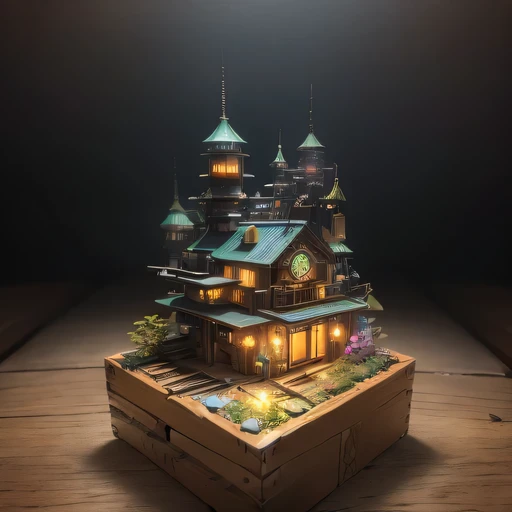 small realistic model, (bifurcation, original photo, best quality, masterpiece:1.4),SteampunkCyberpunk6920 City,(Cyberpunk light:1.3), Mards,horizon (related to land),(in a small nature box:1.3),Isometric, small nature, landscape on foundation,landscape,