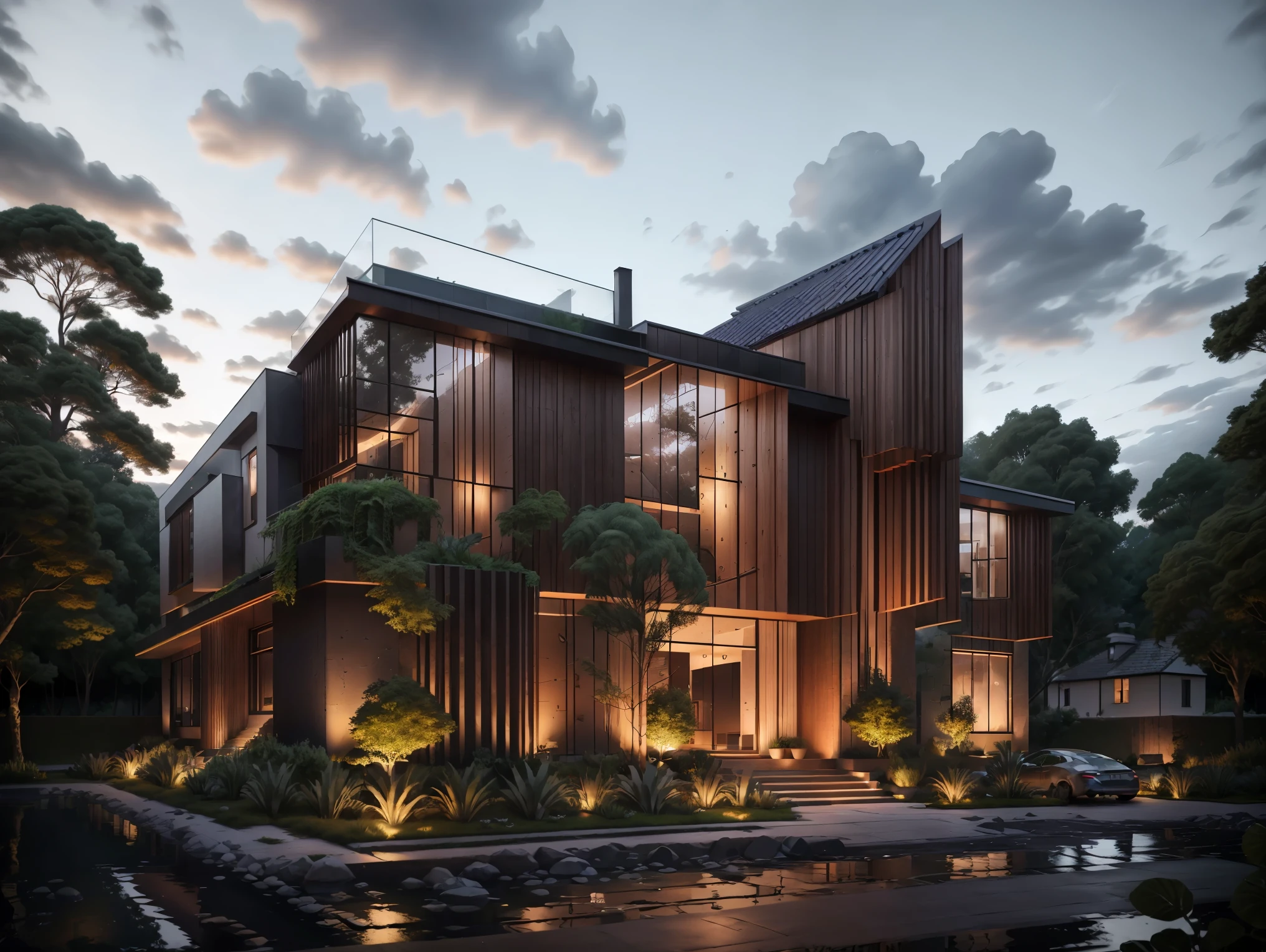 mordenhouse, house, glass house with a sloping roof, modern, dynamic (RAW photo, real, best quality, masterpiece:1.2), (hyper realistic, photo-realistic:1.2), high quality, (dark lighting:1.2), perfect lighting, archdaily