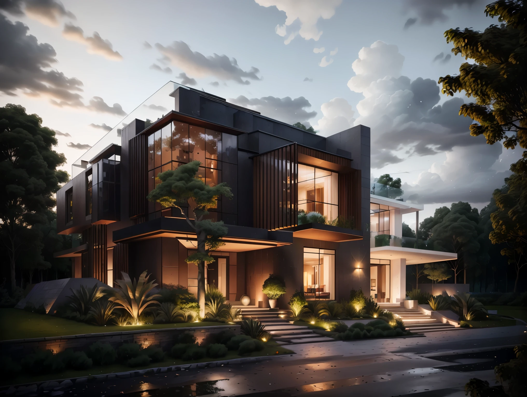 mordenhouse, house, glass house with a sloping roof, modern, dynamic (RAW photo, real, best quality, masterpiece:1.2), (hyper realistic, photo-realistic:1.2), high quality, (dark lighting:1.2), perfect lighting, archdaily