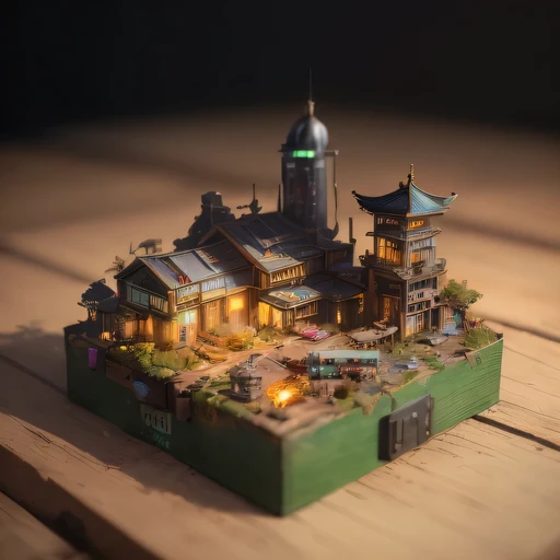 small realistic model, (bifurcation, original photo, best quality, masterpiece:1.4),SteampunkCyberpunk6920 City,(Cyberpunk light:1.3), Mards,horizon (related to land),(in a small nature box:1.3),Isometric, small nature, landscape on foundation,landscape,
