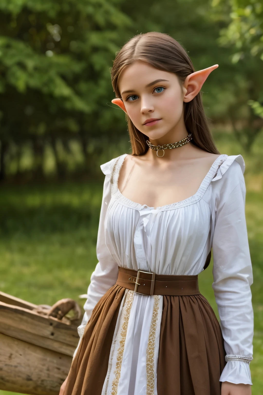 1girl,8k,hd,masterpiece, young (elven) girl, late ager, pointy elven ears, in her late teenmple chest and shapely hips, long wavy hair, blue eyes, white fair skin, wore ragged medieval peasant dress, brown colored dress, lots of patches, long sleeves, she wores magical spike slave collar, close up, small cottage