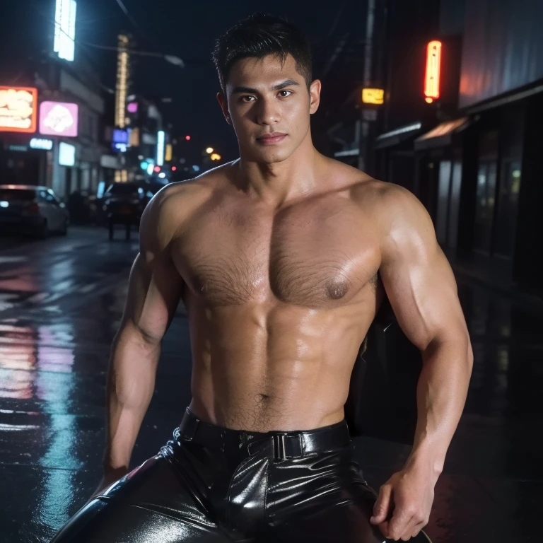 muscular man,(((1man))),((man muscular)),
(((1male,man,handsome man,male,male gender,male focus))),
((short white hair)),(((lustrous skin:1.5,tanned skin,bright skin: 1.5,skin tanned,shiny skin,very shiny skin,shiny body,illuminated skin))),((detailed eyes,perfect eyes,rainbow glows ultra-detailed orange brown eyes:1.1,gradient eyes:1,finely detailed beautiful eyes:1,symmetrical eyes:1,big highlight on eyes:1.2,exaggerated muscles,exaggerated shoulders,very muscular and huge)),man chest,handsome face,((((muscular,hairy body,muscular man,tall,big biceps,abs,big thighs,broad shoulders,open chest)))),((hand consists of a short thumb and four fingers,a hand with only five fingers,(detailed face))),(((square jaw))),
alluring look,nsfw,
(((bare chest,shirtless))),motorcyclist pants,((bulge in pants)),((motorcyclist outfit)),(wearing a motorcyclist outfit:1.3,motorcyclist clothes),((wet clothes,detailed outfit,detailed clothes)),
(dynamic pose:1.0),solo focus,((evil smile,evil look)),(centered,scale to fit dimensions,Rule of thirds),
((((cyberpunk city by the ocean,neon signs,puddles)))),stormy sky,threatening sky,dark clouds,((synthwave background theme,detailed background : 1.25)),((((night,nice lighting decorations,detailed architecture)))),
(best quality,high resolution,sharp focus,ultra detailed,extremely detailed,extremely high quality artwork,(realistic,photorealistic:1.37),8k_wallpaper,(extremely detailed CG 8k),(very fine 8K CG),((hyper super ultra detailed perfect piece)),flawless,(((masterpiece))),illustration,vibrant colors,(intricate),High contrast,Selective lighting,Double exposure,HDR (High Dynamic Range),Post-processing,Background blur,colors,(intricate),High contrast,Selective lighting,Double exposure,HDR (High Dynamic Range),Post-processing,Background blur,