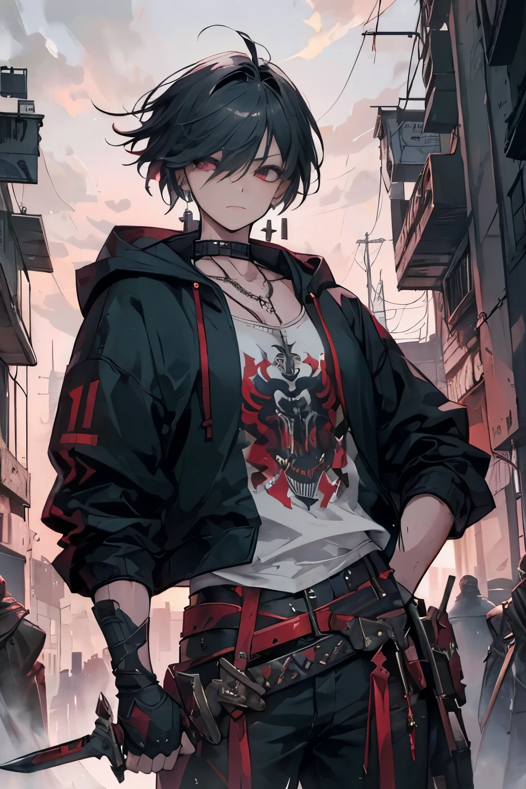 masterpiece、highest quality、One man photo cyberpunk cityscape（slum、damaged building、weathered city）huge swordを構えた男（Man Solo、anime、20-year-old、Black short-haired、hoodie、Wearing a military jacket、huge swordを手に構える）、correct anatomy、earrings、necklace、gauntlet、Military Personnel、ferocious、glare、huge sword（Seat Blades、Curved、length）、Installing the knife、I&#39;ll turn around、