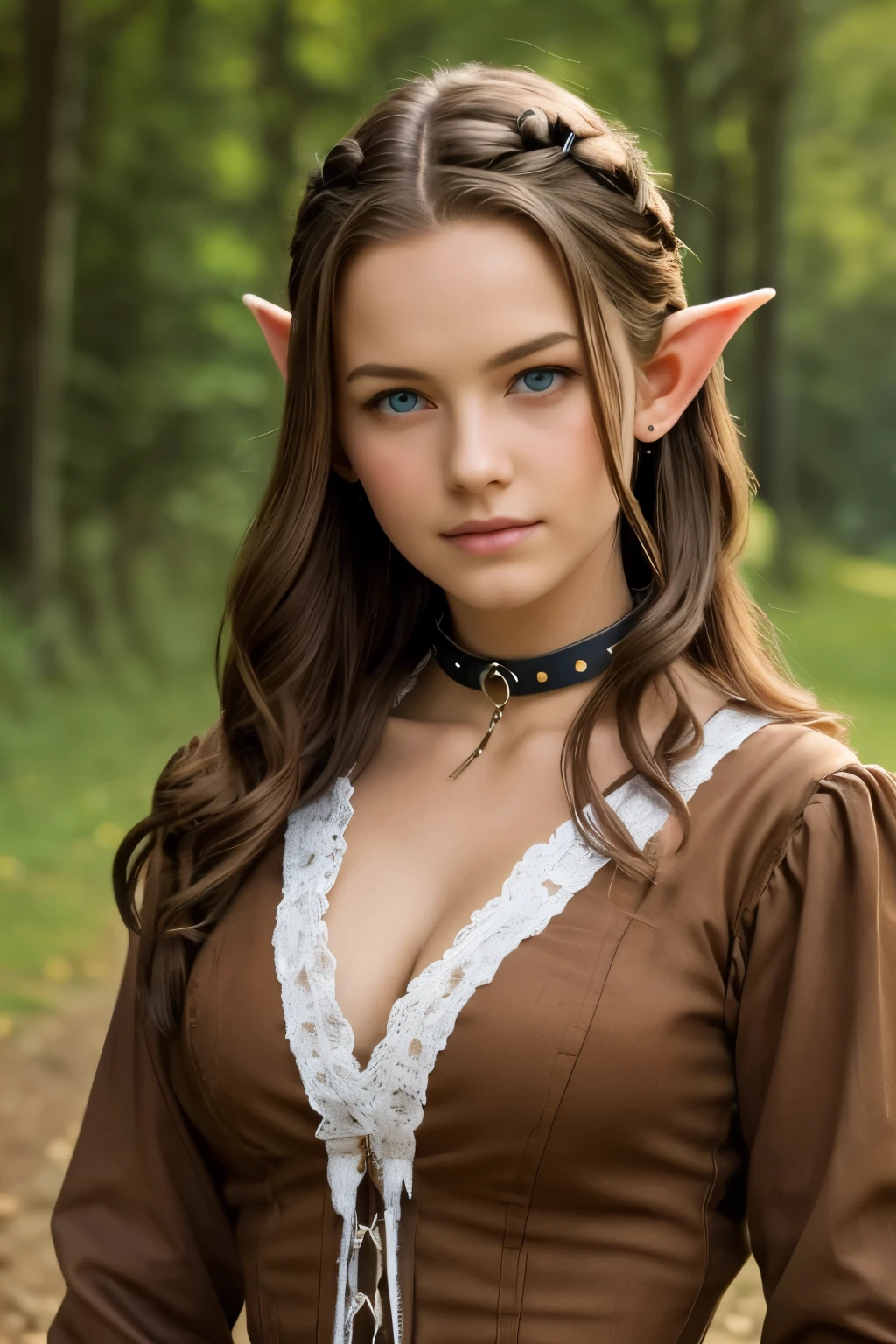 1girl,8k,hd,masterpiece, young (elven) girl, late teenager, pointy elven ears, in her late teens, ample chest and shapely hips, long wavy hair, blue eyes, white fair skin, wore ragged medieval peasant dress, brown colored dress, lots of patches, long sleeves, she wores magical spike slave collar, close up, small cottage
