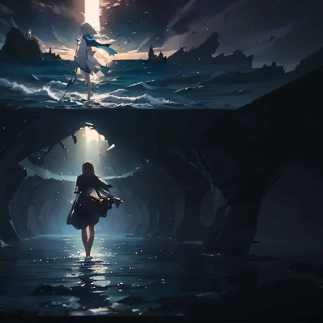 a picture taken from a video game shows a woman standing in the water, anime girl walking on water, makoto shinkai cyril rolando, guweiz on pixiv artstation, wallpaper anime blue water, guweiz on artstation pixiv, guweiz, anime asthetic, ( ( makoto shinkai ) ), nightcore
