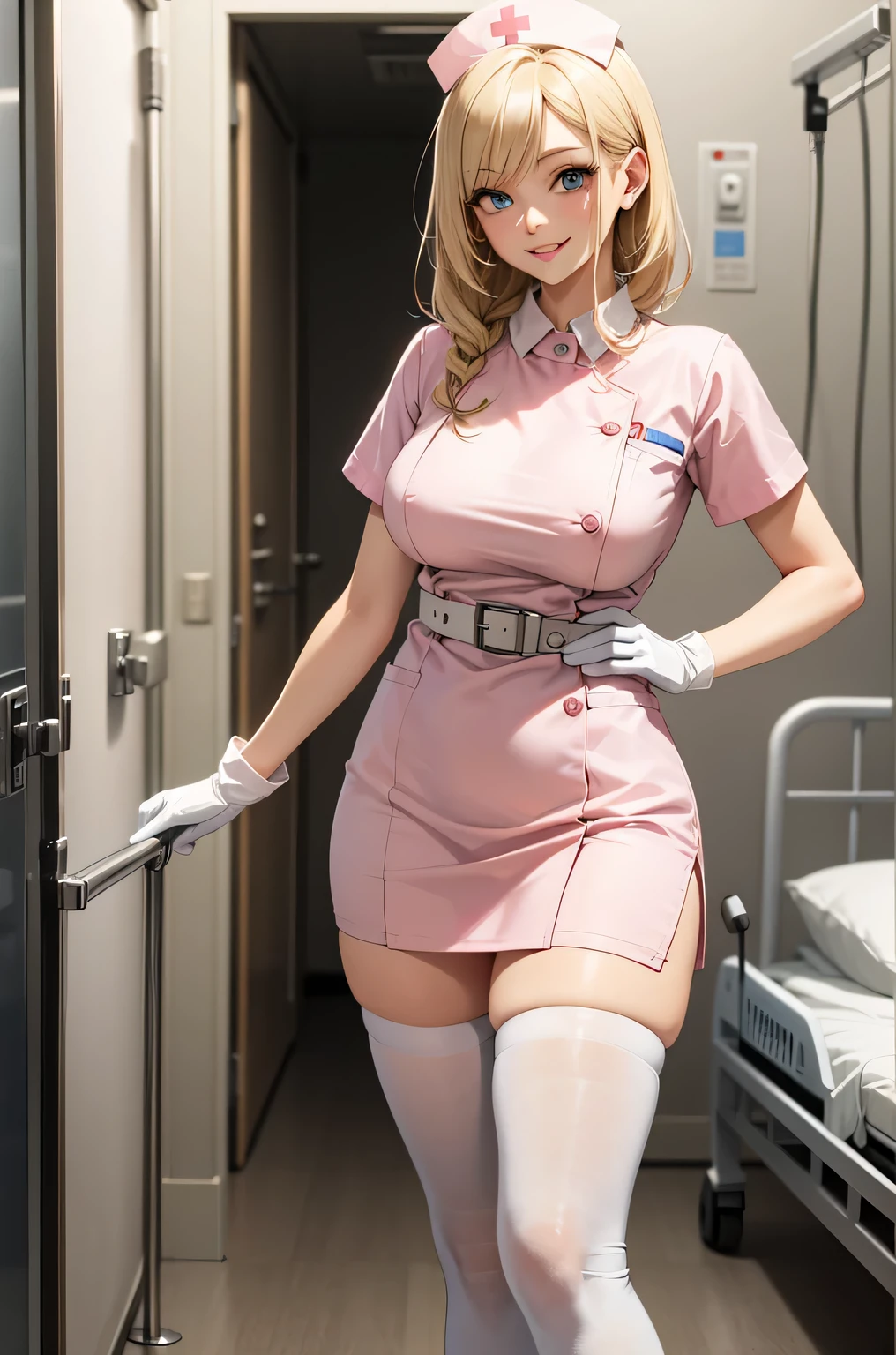 1 female, alone, nurse, nurse cap, Whiteware, ((white legwear, zettai ryouiki)), white gloves, blonde hair, blue eyes, pink lips, smile, Are standing, ((hospital room)), sharp outline, short sleeve, mature woman, 35 years old, highest quality, masterpiece