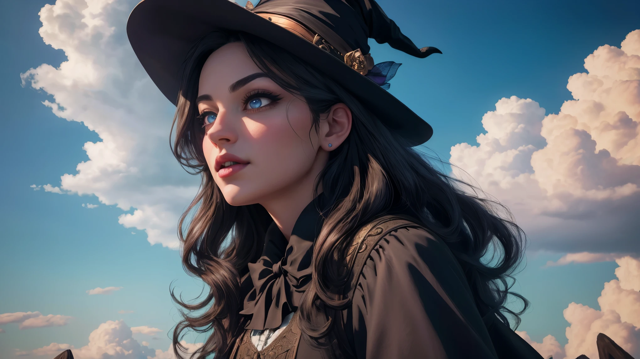 Witch side-sitting on a magical broom flying, majestic ascent, beautiful detailed eyes, beautiful detailed lips, extremely detailed eyes and face, long eyelashes, (best quality,4k,8k,highres,masterpiece:1.2), ultra-detailed, (realistic,photorealistic,photo-realistic:1.37), enchanting skyward journey, magical broomstick ride, whimsical side posture, mystical aerial display, wonderful cloud-filled sky, thrilling ride amongst clouds.