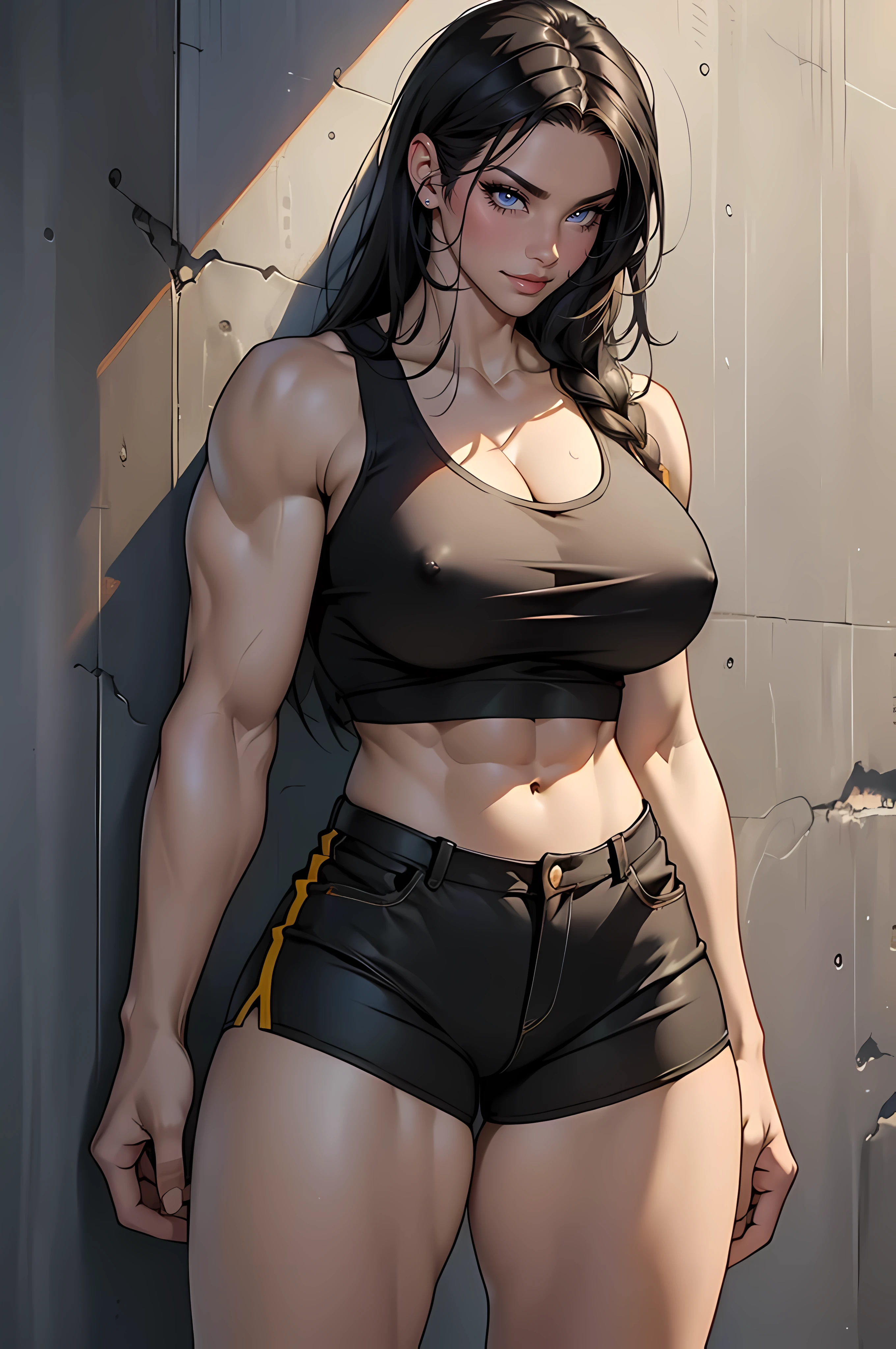 ((Masterpiece)), ((Best Quality)), ((Solo)), ((alone)), ((1girl)), ((NSFW)), very long hair, black hair, angry, yellow eyes, ((((muscular)))), ((huge tits)), ((thick thighs)), ((wide hips)), (cowboy shot), pale skin, tank top, bike shorts, standing, toned body, against wall