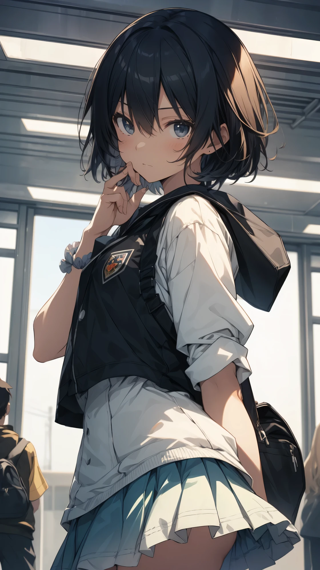 Super best quality by Makoto Shinkai, super detailed, High resolution, AI generated, anime moe art style, best anime 8K konachan wallpaper, pixiv contest winner, perfect ???????, break,(眠そうにalone学校へ行く女の子を描いてください. ),break, 1 girl, (alone,little woman, lolita, , 13 years old:1.3),All limbs, full finger,, androgynous charm, (very short hair), flat chest, Because I&#39;m slender, small ass, between legs, Small black eyes, beautiful and fine eyes, Well-proportioned iris and pupils, expressive eyes,disgusted eyes, High resolutionの詳細な髪, wearing school uniform, (skirt),(detailed lighting), (detailed background), On the way to school. break,super dense skin, Best lighting by famous artists, 8K, figure,UHD, rough skin