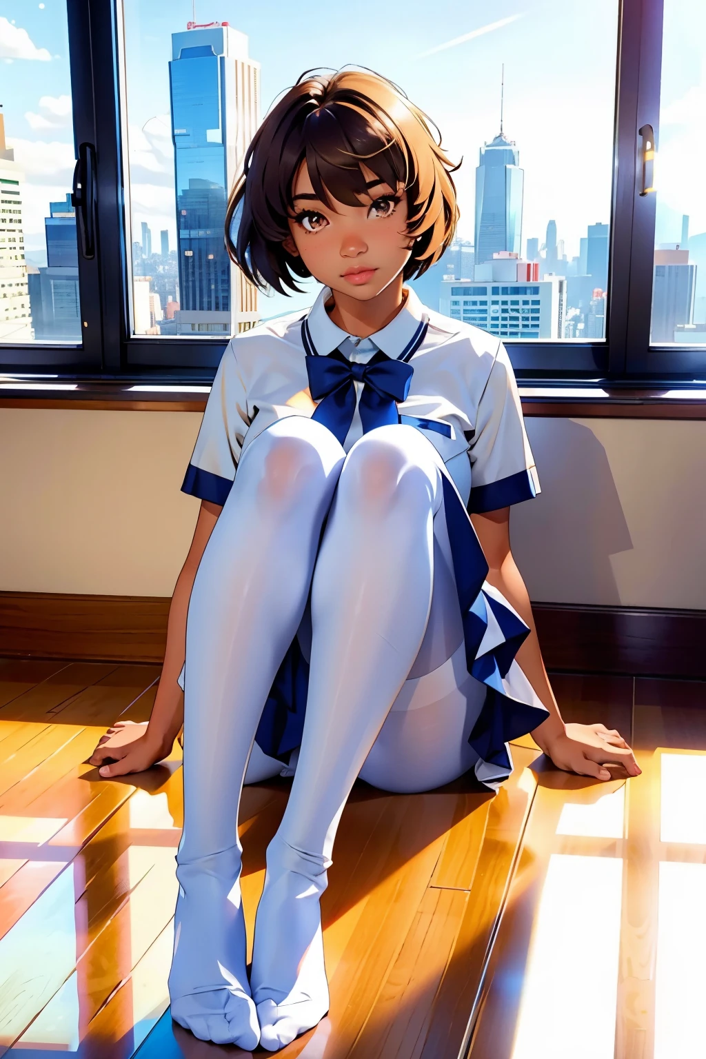 show entire body, feet in view, realistic, gorgeous 16y.o. light skinned mixed race female, American school uniform, white pantyhose, sitting on floor, legs open, huge windows, sunny day, cityscape, no shoes