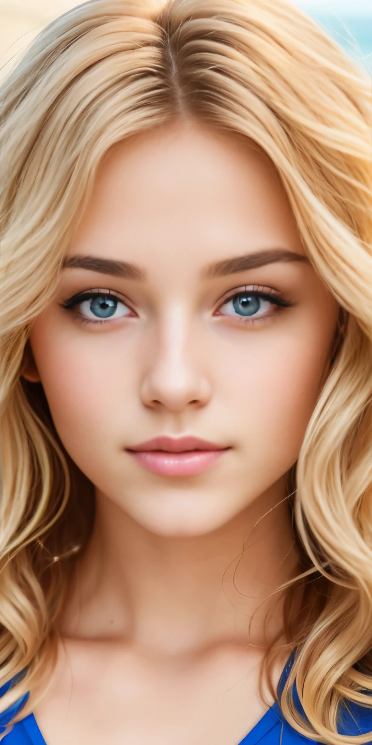 Photo of a 20-year-old European girl, born, a handsome female, (medium length wavy blonde hair), ((portrait)), ((be familiar with Face:1.2)), ((be familiar with facial features)), (fine skin), Tanned beautiful skin, The stage is hot summer, Lying on the beach, (cool colors), humid, humid, reflector, (table top) (perfectly proportioned)(realistic pictures)(highest quality) (be familiar with) Photographed with Canon EOS R5, 50mm lens, f/2.8, ticker, (8K) (wallpaper) (cinematic lighting) (dramatic lighting) (sharp focus) (lithe) fashion, from directly above