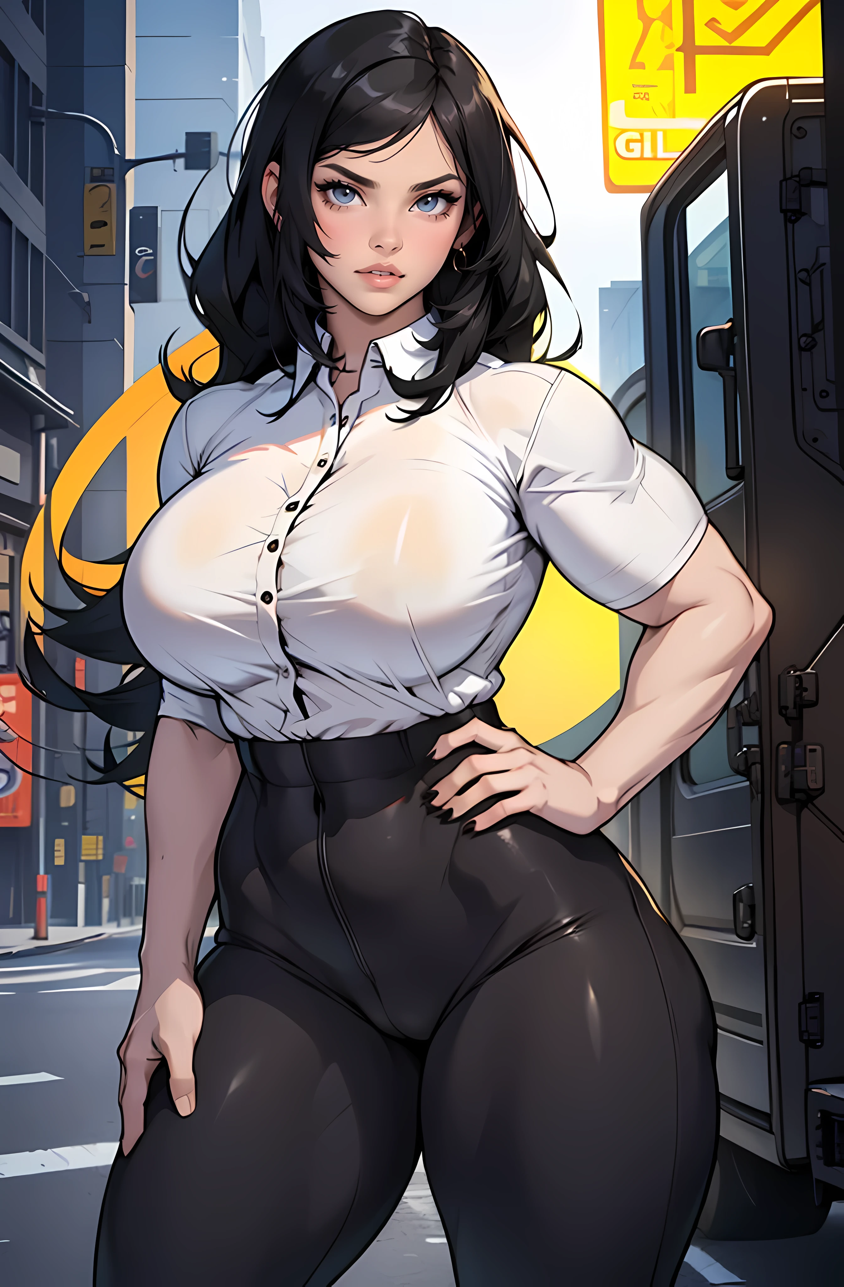 (((muscular girl huge breasts))) black hair yellow eyes pale skin waistup frown UHD 16k best quality wide hips tight shirt