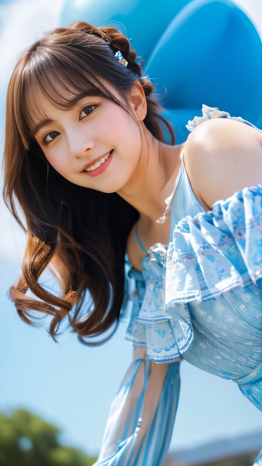 (realistic, photo-realistic:1.4), (extremely detailed 8k wallpaper), bokeh, detailed beautiful eyes and skin, (Image from thighs to head:1.3), (Japanese idol:1.3), 25yo, beautiful woman, smile, large breast, 
Powder blue off-shoulder blouse with frill details, Whimsical, Pastel hot air balloons, Dreamy sky ambiance,