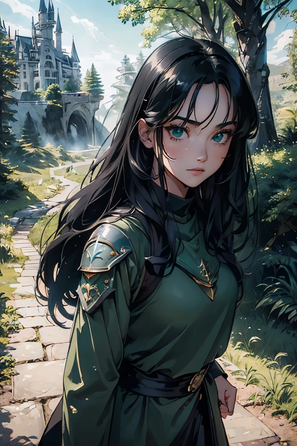 (((masterpiece))), (((best quality))), ((ultra-detailed)), (cinematic lighting), (illustration), (beautiful detailed eyes), (1girl), full body, space, knight, armour, light hair, walking, castle in distance, best quality, expressive eyes, perfect face, Girl: (20s, black hair, long hair, dark green baggy shirt, armour),
