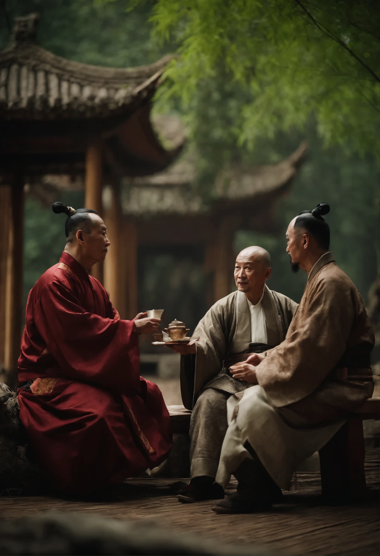 5 middle-aged men,Wearing Chinese Song Dynasty costumes,surrounded together,drink tea,In the pavilion,bamboo forest,