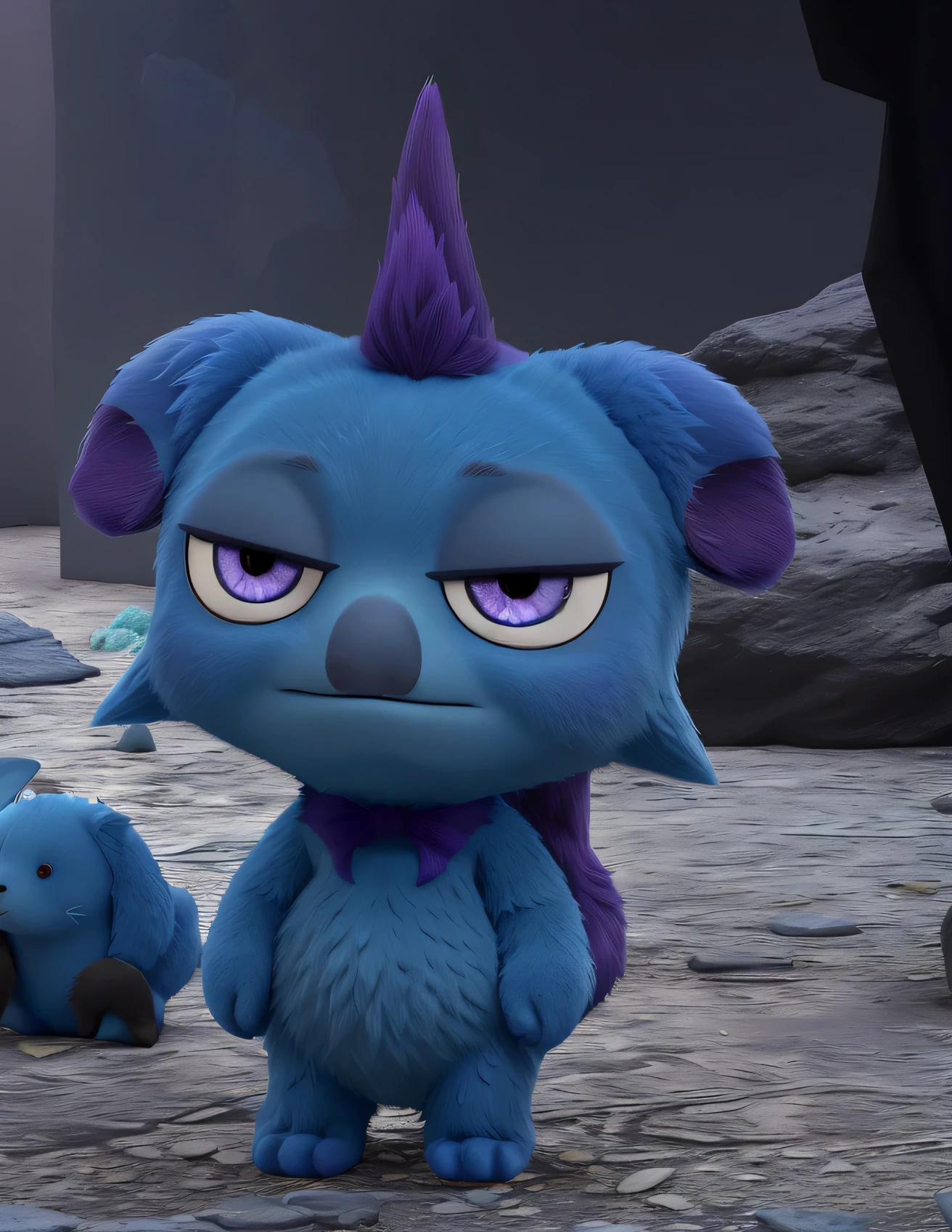 depressed , blue fur, purple mohawk, dored eyes, detailed fur, ears down with tips in purple, (((no nose))), sad expression, light purple eyes, verry bored . nose under fur, koala, sad face, bored mouth
