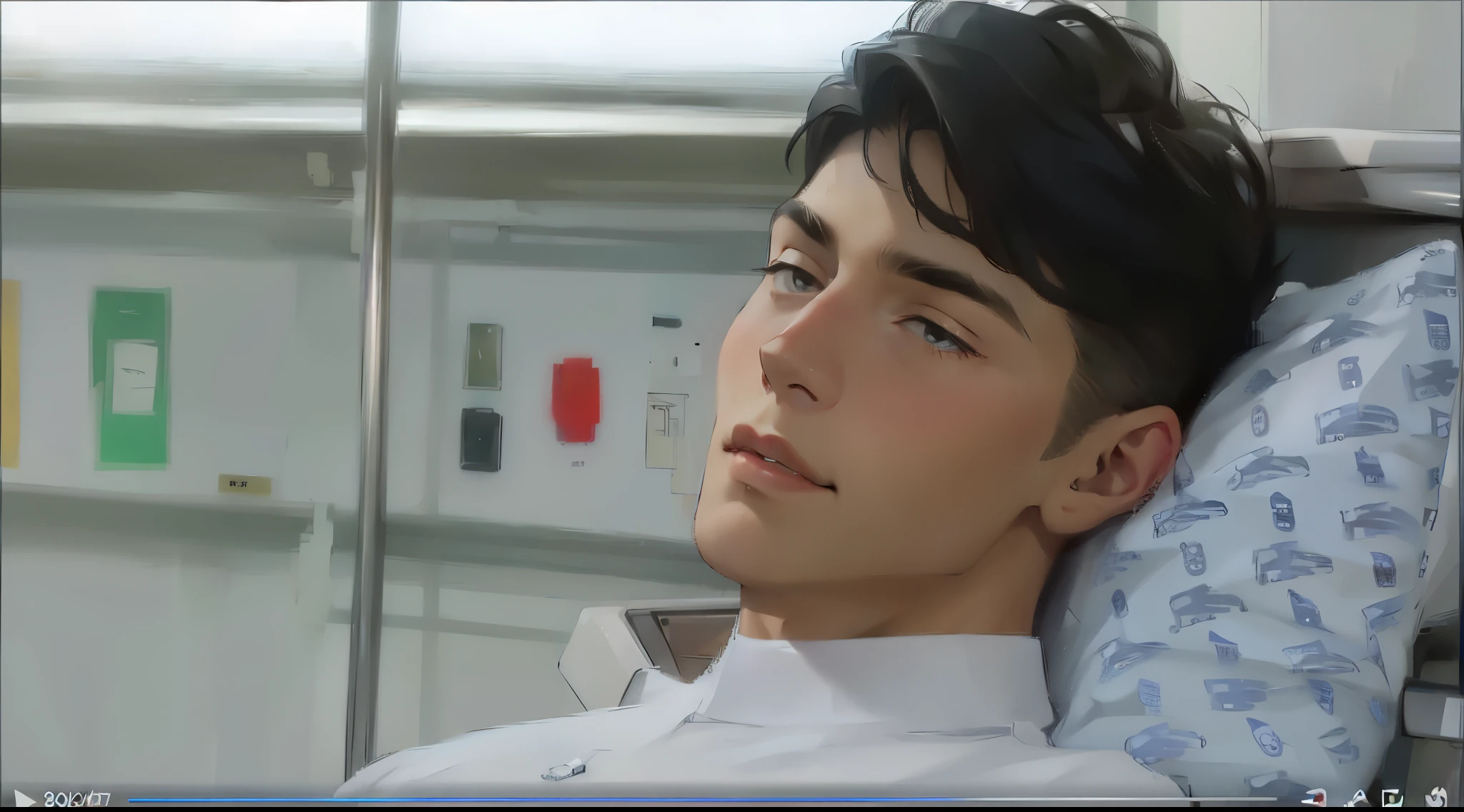 there is a sick handsome boy lying on a hospital stretcher