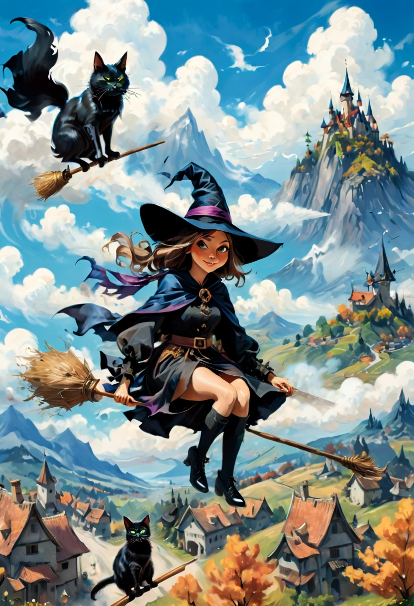 Witch Carrying Black Kata Painting of a witch wearing a witch costume、woman sitting on broom, classical witch, witch fairytale, witch and black cat, On a bright afternoon，Many wizards compete on broomsticks under the blue sky。They travel among the clouds，Intense competition，Chase each other。The background is the vast sky and distant mountains，Gives people a feeling of flying。
