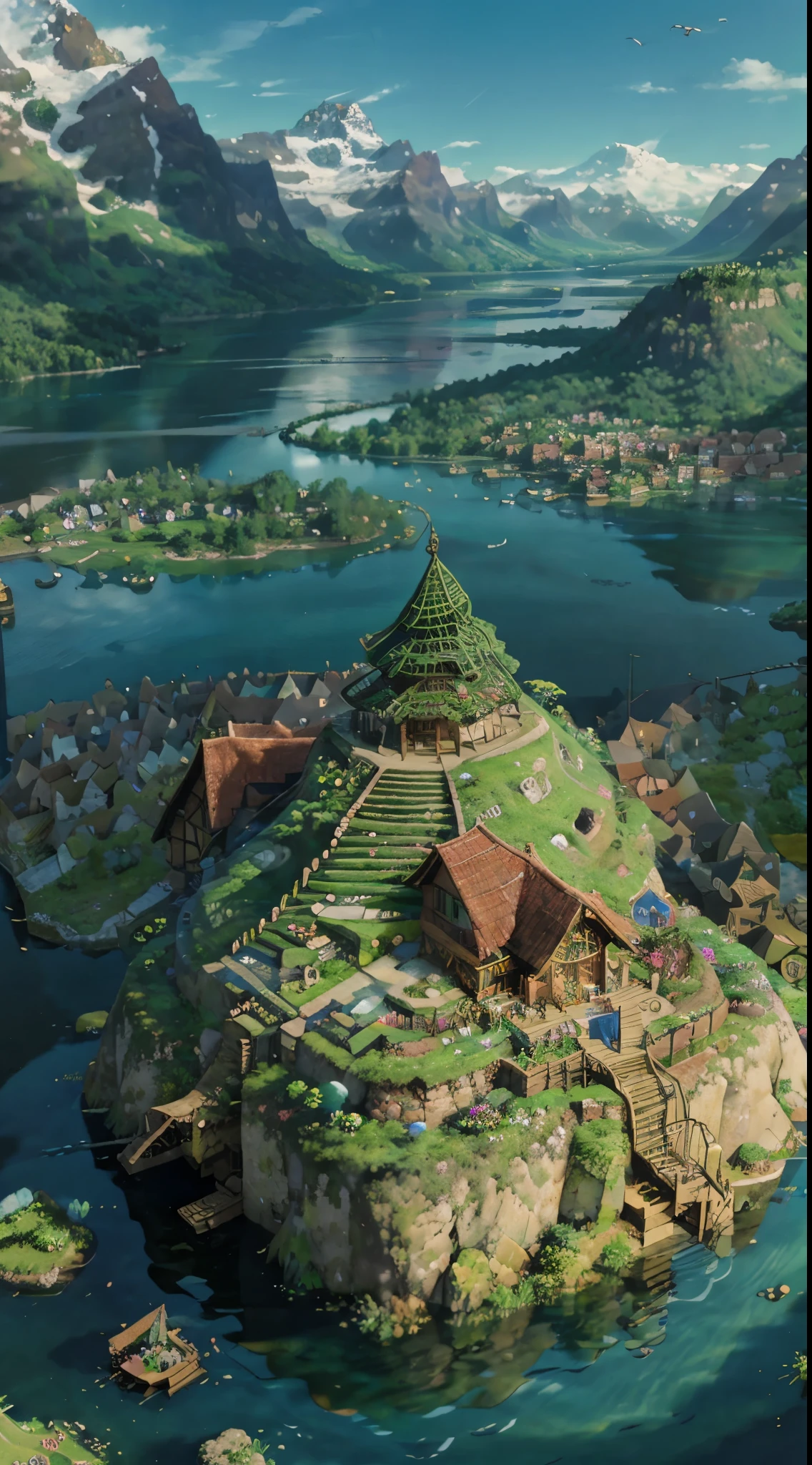 Isometric floating island with waterfalls lakes and animals, hyperrealistic, 4k, bright and colourful, masterpiece, best quality
