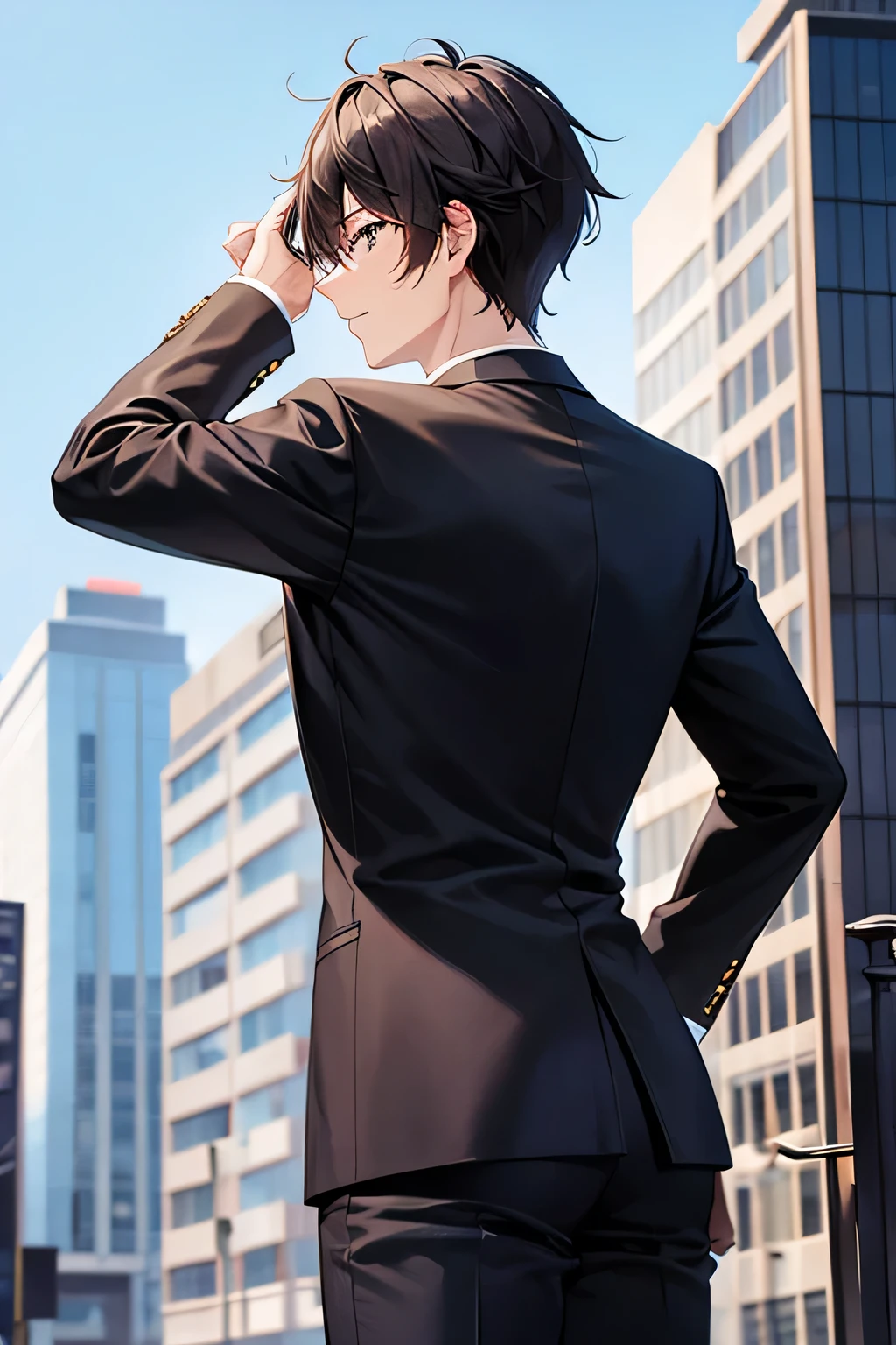 A man in a black suit stands with his back on a building