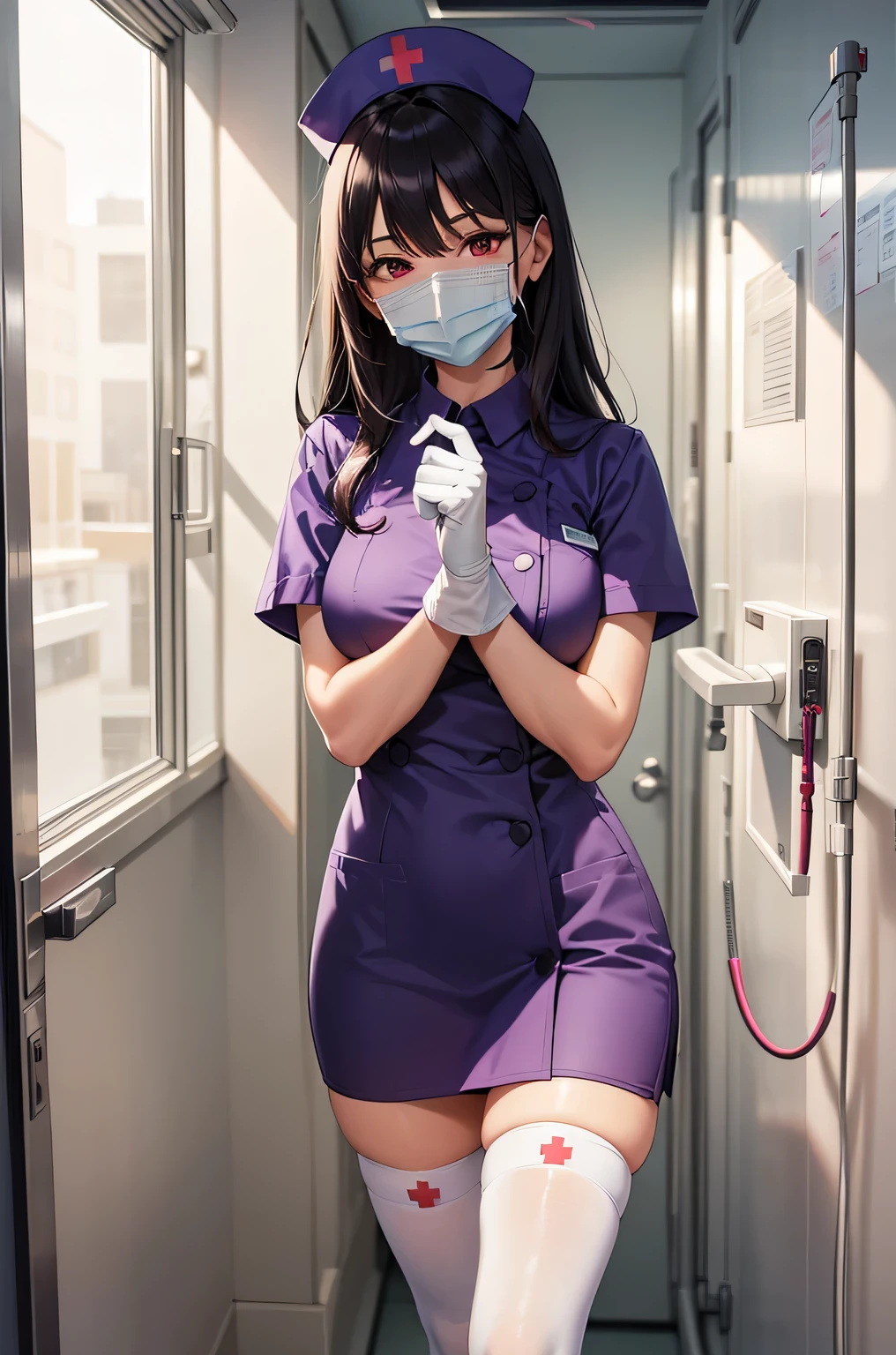 1 female, alone, nurse, nurse cap, Whiteware, ((white legwear, zettai ryouiki)), white gloves, long hair, purple hair, red eyes, ((White surgical mask, Covered nose)), Are standing, ((hospital room)), sharp outline, short sleeve, mature woman, 35 years old, highest quality, masterpiece