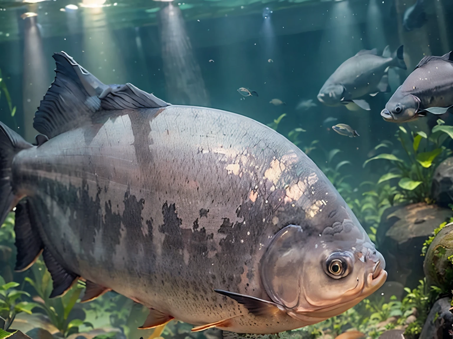 Um peixe tamba, swimming in beautiful aquarium, com a lua ao fundo