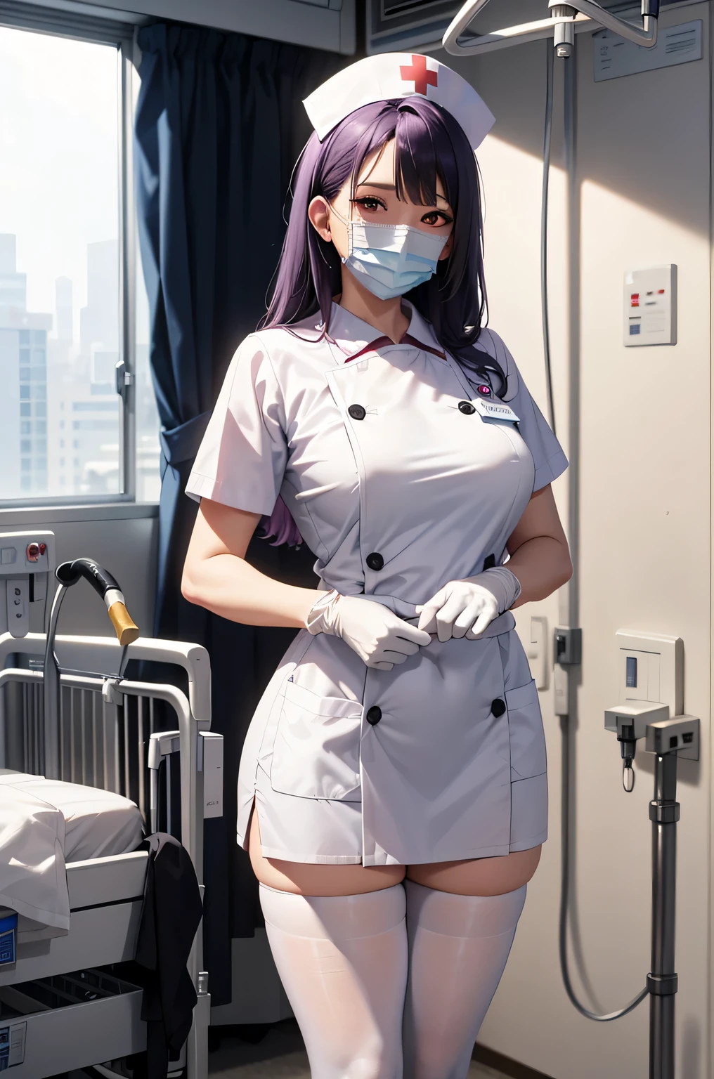 1woman, solo, nurse, white nurse cap, white nurse uniform, ((white legwear, zettai ryouiki)), white gloves, long hair, purple hair, red eyes, ((white surgical mask, covered nose)), standing, ((hospital room)), sharp outline, short sleeves, mature female, 35 years old, best quality, masterpiece