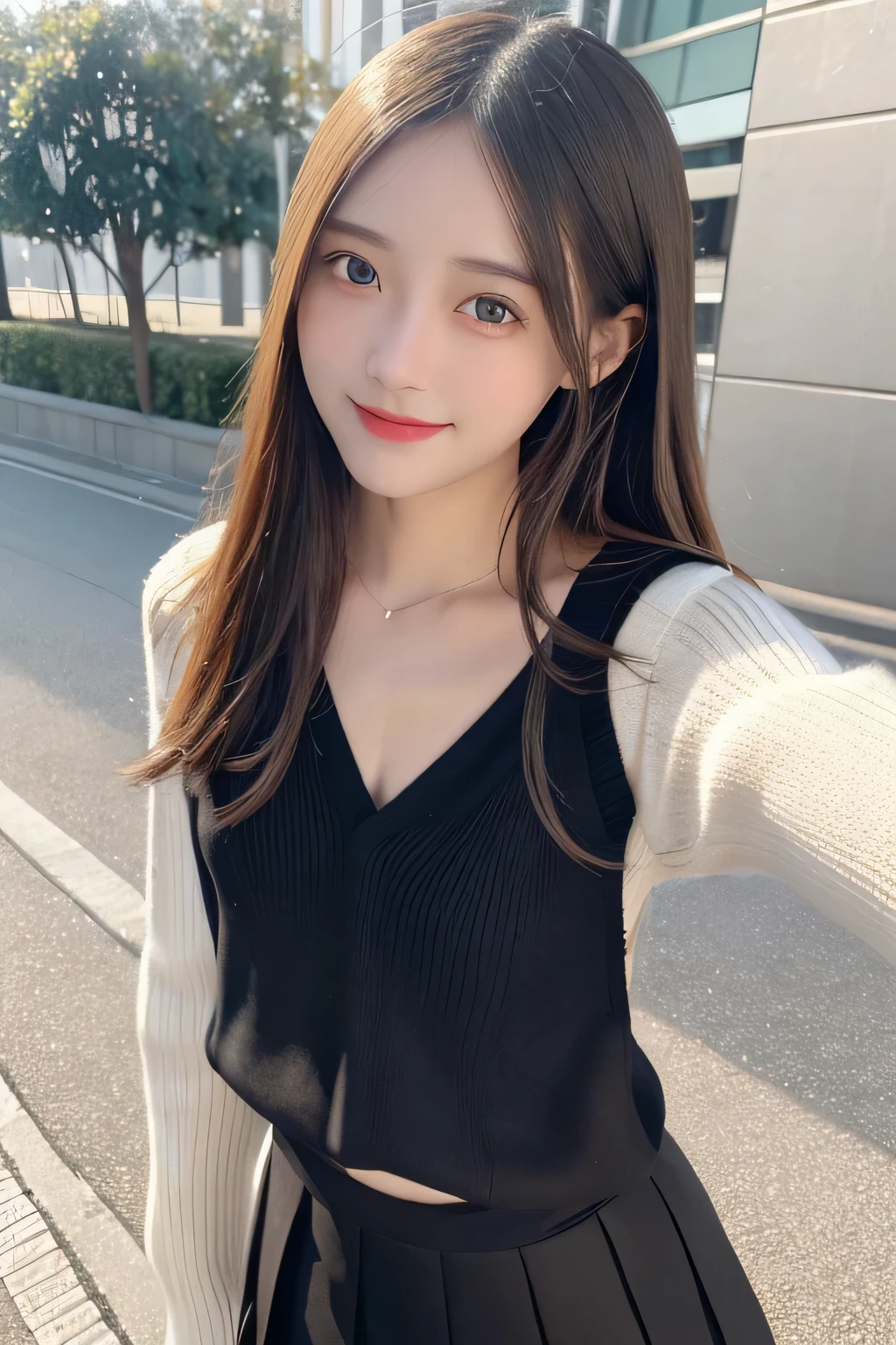 pieces fly、masterpiece、highest quality、Super detailed、High resolution、High resolution、8K portrait、unity 8k wallpaper、Detailed CG、unity 8k wallpaper、Detailed CGユニティ8kの壁紙、realistic、real person、portrait photography、shiny skin、()、(cute:1.2)、High resolution、beautiful clear eyes、very detailed explanation、delicate face、nice lips、thin waist、thin legs、1 girl、(black fitted knit sweater:1.2)、(pleated skirt:1.2)、(flat chest:1.4)、((Self snap:1.4))、(smile:1.2)、(Walking trail:1.2)