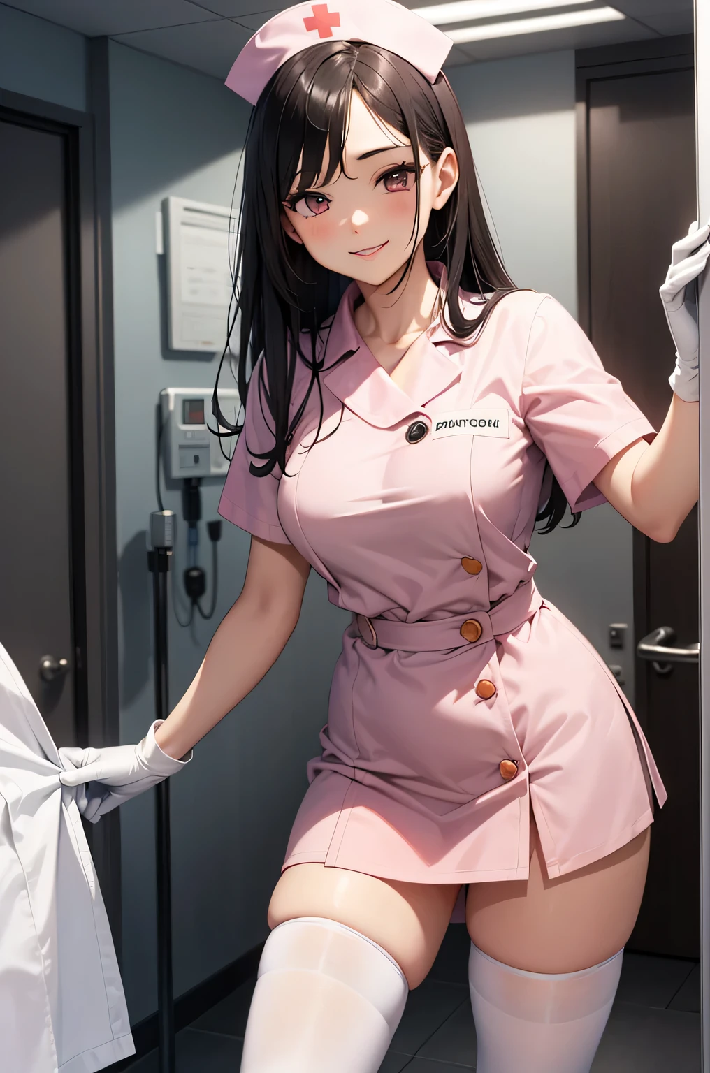 1 female, alone, nurse, nurse cap, Whiteware, ((white legwear, zettai ryouiki)), white gloves, amount, long hair, green hair, pink eyes, pink lips, smile, Are standing, ((hospital room)), sharp outline, short sleeve, mature woman, 35 years old, highest quality, masterpiece