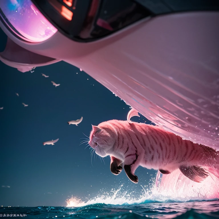 pink cat, black big eyes, short ears,eating ice cream, weapon by heavy equipment,swimming in the ocean of fish,surrounding by futuristic city, in the crowd, ultra realistic photograph,dramatic scene, high res image, depth the field, long exposure, more shadows