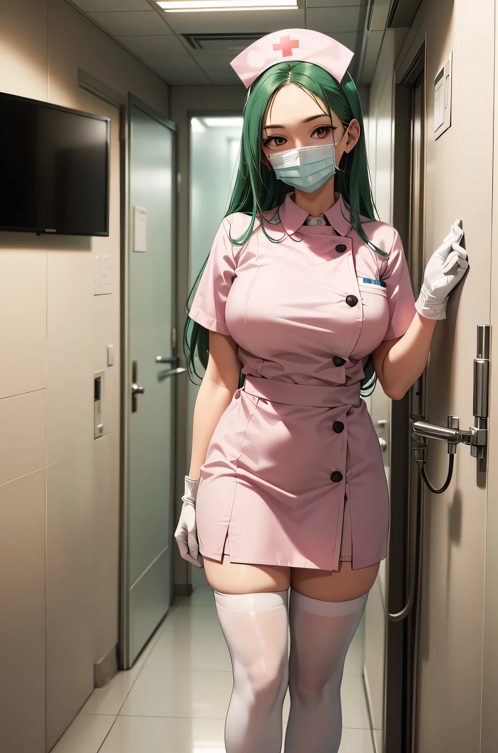 1 female, alone, nurse, nurse cap, White nurse uniform, ((white legwear, zettai ryouiki)), white gloves, amount, long hair, green hair, pink eyes, pink lips, smile, Are standing, ((hospital room)), sharp outline, short sleeve, mature woman, 35 years old, highest quality, masterpiece