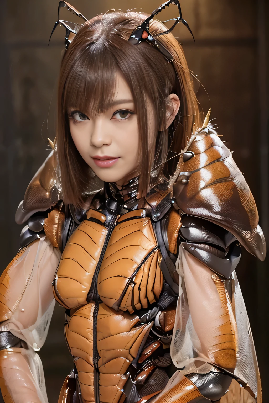 (High resolution,masterpiece,highest quality,Very detailed CG, anime, official art:1.4), realistic, photograph, amazing detail, all complicated, luster and luster,great many layers, 8k wallpaper, 3D, sketch, cute, figure,( alone:1.4), perfect female proportions,villain's daughter, (Fusion of dark brown cockroach and lady:1.4), (brown cockroach form lady:1.2), (brown cockroach woman:1.2), (Fusion:1.2), (alone:1.4), (evil smile:1.2), muscular, abs, (Cockroach brown exoskeleton bio insect suit:1.4), (Cockroach brown exoskeleton bio insect armor:1.2), (brown transparent cockroach feathers:1.4), (brown cockroach antenna:1.3),