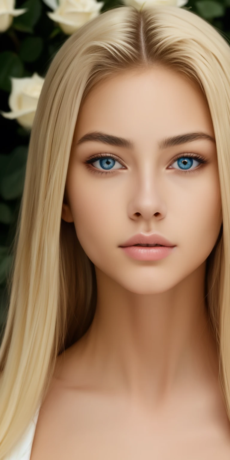 masterpiece, highest quality, (alone focus), (perfect face:1.1), (high detail:1.1), (highly detailed eyes), dramatic, 1 girl, (white skin), long white hair, mysterious eyes, (thin eyebrows), alone, long hair, , moon, night, white luxury suit, plump lips, fur, Proud Expression,garden, detailed background, Art by Artgerm, cinematic lighting, rose, fashion, balenciaga style