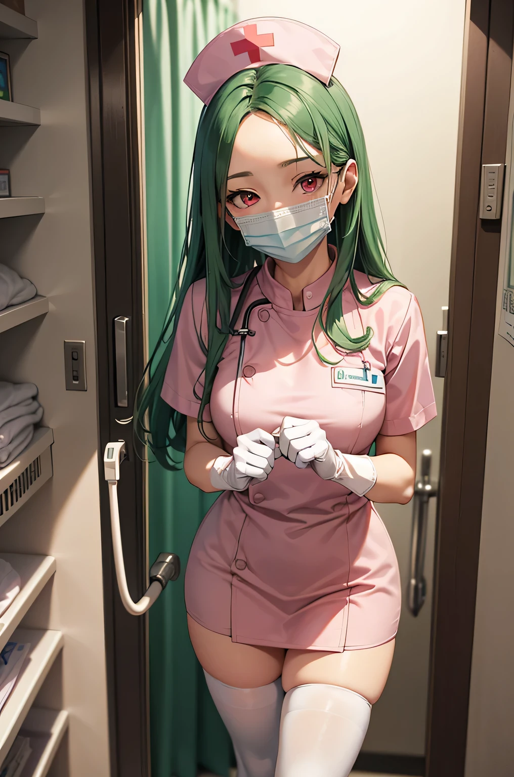 1 female, alone, nurse, nurse cap, Whiteware, ((white legwear, zettai ryouiki)), white gloves, amount, long hair, green hair, pink eyes, ((White surgical mask, Covered nose)), Are standing, ((hospital room)), sharp outline, short sleeve, mature woman, 35 years old, highest quality, masterpiece