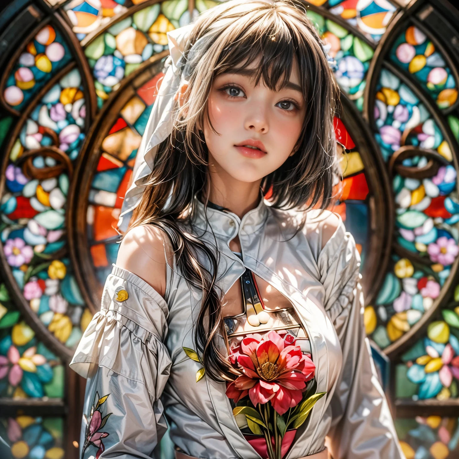 KAWAII girl in ((WHITE)) (loose opened uniform), with Glossy RED lips, (Exposed:0.9), (nipple:-1), { Extremely closeup | Dynamic-angle }, ((Dazzling stained glass Background)), (( colorful Light pours down from stunning elaborate stained glass:1.2)), vivid Red colors . ((Acutance:0.8, physically-based 3D rendering with Volumetric lighting)), (masterpiece:1.2), (ultra-detailed:1.35), (realistic, photorealistic, ((photo-realistic:1.37))with touch of rawness) . ((Renbutsu Misako)), (Extremely detailed KAWAII face variations, with Dynamic expressions), detailed eyes with sparkling highlights, captivating gaze, long eyelashes, subtle blush on the face, rosy cheeks, impeccable ivory skin texture . { full of flowers covering girl's body | Mystic sight | God rays | haze | Light Particle | Luminous Particle | Lens Flare | A Halo in the air | Overflowing underboob | Button Undoned } . (((Unaligned fingers:-0.9))) .