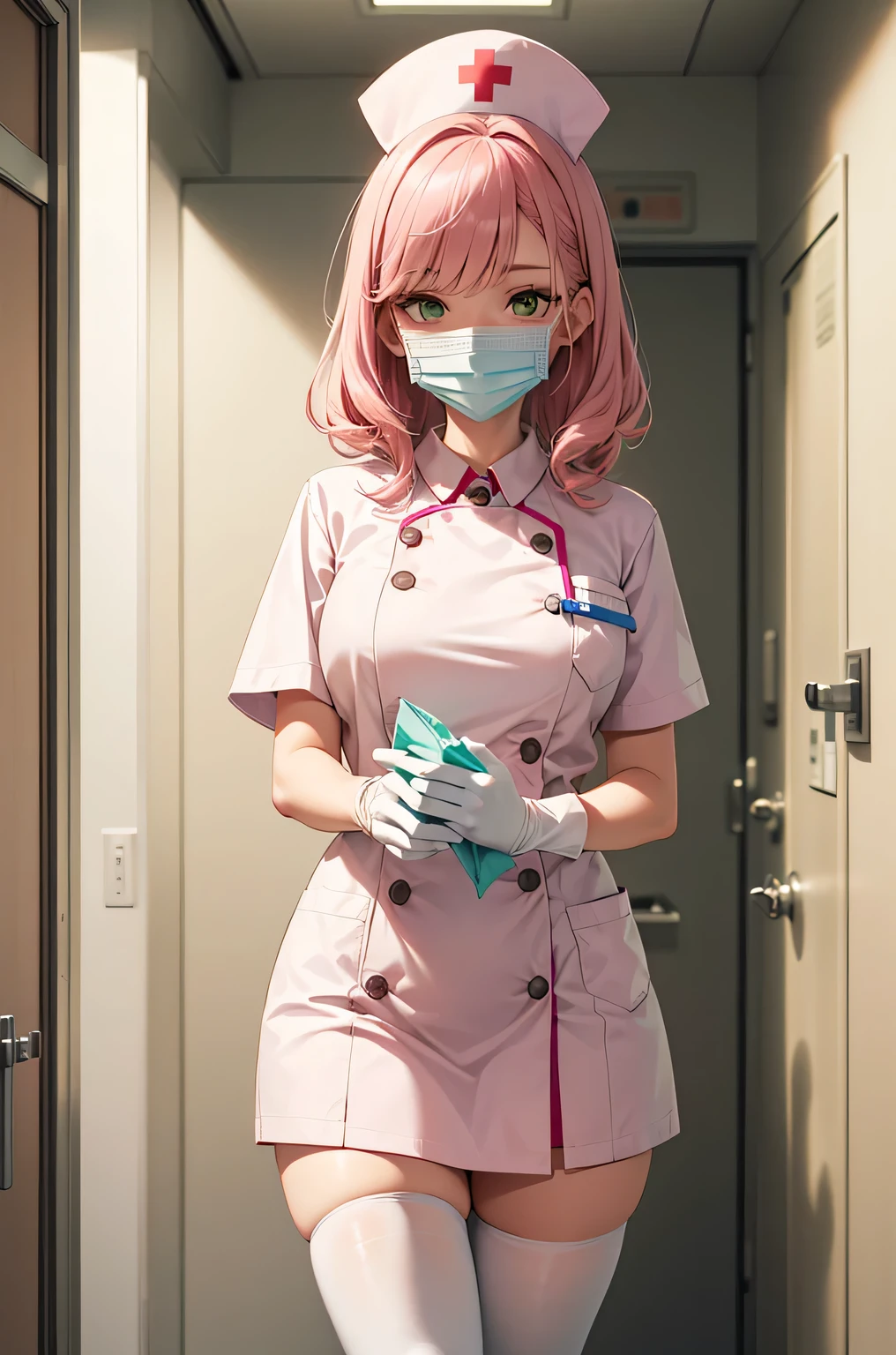 1 female, alone, nurse, nurse cap, Whiteware, ((white legwear, zettai ryouiki)), white gloves, pink hair, green eyes, droopy eyes, ((White surgical mask, Covered nose)), Are standing, ((hospital room)), sharp outline, short sleeve, mature woman, 32 years old, highest quality, masterpiece