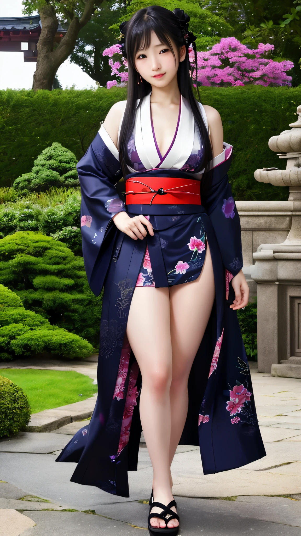 最high quality、high quality、best image quality、8K、最High resolution、High resolution、最high quality、masterpiece、RAW photo、whole body写真、Realistic human body with detailed details、Realistic skin in every detail、Realistic face in every detail、Realistic eyes in every detail、Realistic lips in every detail、Realistic teeth in every detail、Realistic ears with attention to detail、Realistic hair with detailed details、Realistic arms with attention to detail、Realistic hands with attention to detail、Realistic fingers with attention to detail、(fine hands、thumb１reference４)、Realistic legs with attention to detail、Realistic feet with attention to detail、((beautiful japanese girl))、(japanese model), (japanese woman)、((18 year old beautiful girl))、(black hair)、(straight hair)、((whole body))、((Beautiful breasts directed upwards、Medium chest))、(slim style、slender style)、(whole body光沢肌、Fair skin)、Detailed and realistic human body、detailed realistic skin、detailed realistic face、detailed realistic arms、Detailed realistic fingers、Detailed realistic feet、soft natural light、Maiko、geisha、kimono、Furisode、Yukata、japanese traditional、Samurai Residence、Japanese garden、((Transparent see-through with colorful floral pattern(クロストップkimono、Hakama with side slits))、((in the garden(Pose that makes your thighs look beautiful))