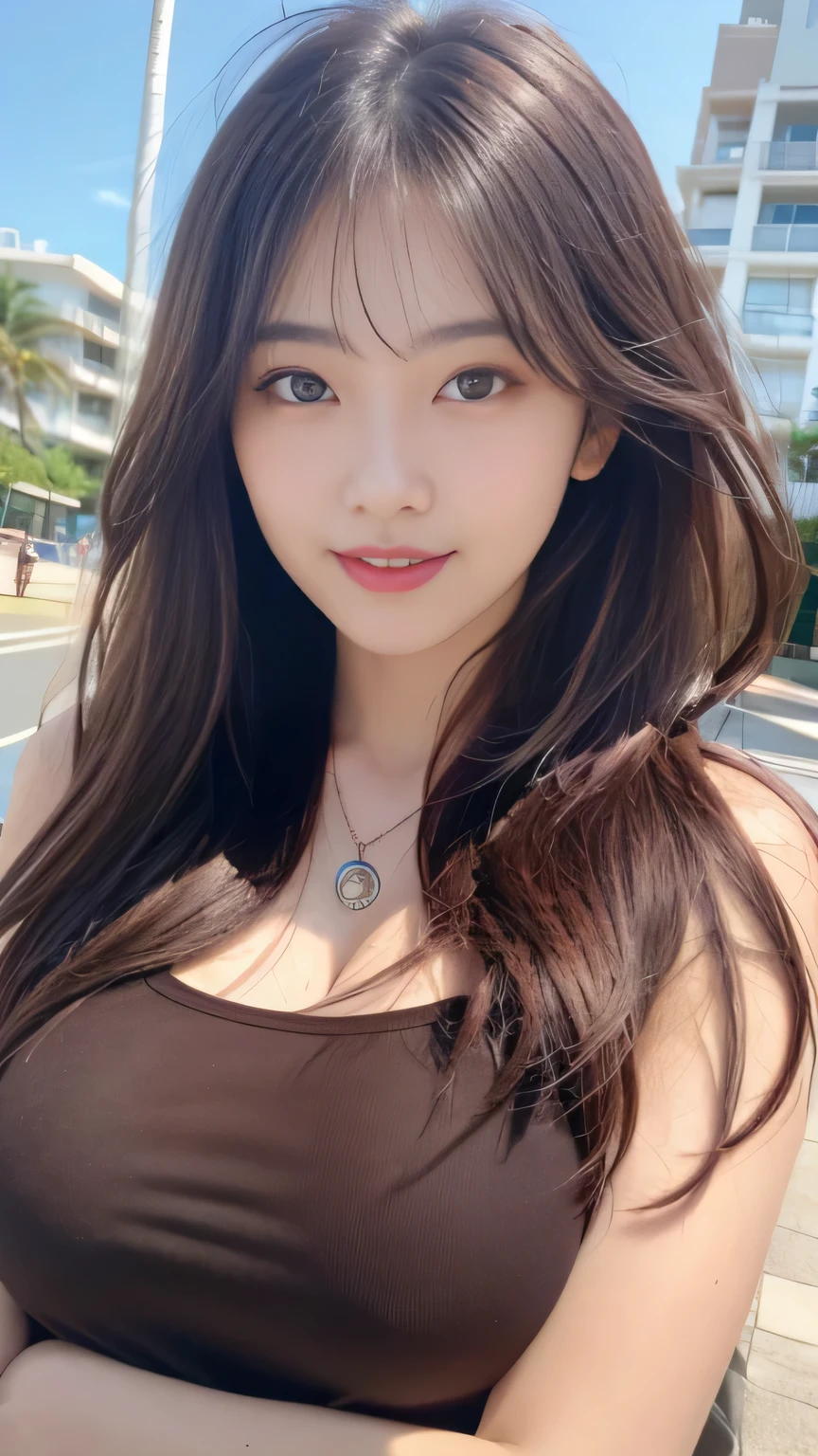 ((realistic lighting、highest quality、8K、master masterpiece:1.3))、clear focus:1.2、1 girl、perfect body beauty:1.4、slim abs:1.1、whole body、((dark brown hair、big breasts:1.3))、(acceleration:1.4)、(Fresh、dawn:1.1)、View of Waikiki Beach、Palm tree、narrow side、fine eyes、double eyelid、fashion model pose、floating hair、T-shirt、meanwhile、angel smile
