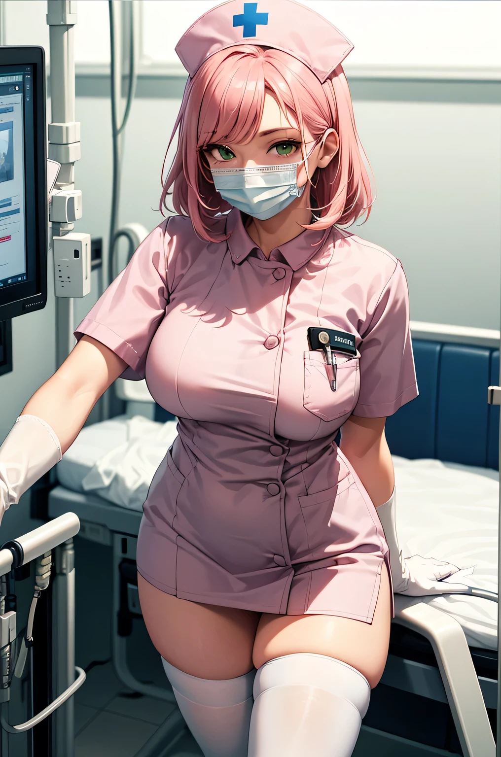 1 female, alone, nurse, nurse cap, Whiteware, ((white legwear, zettai ryouiki)), white gloves, pink hair, green eyes, droopy eyes, ((White surgical mask, Covered nose)), Are standing, ((hospital room)), sharp outline, short sleeve, mature woman, 32 years old, highest quality, masterpiece